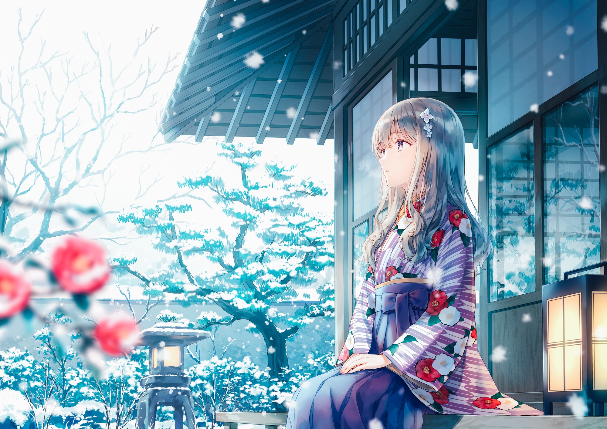 Anime Girls Hiten Snow Winter Trees Looking Away Kimono Gray Hair Purple Eyes Flowers Flower In Hair 2000x1414