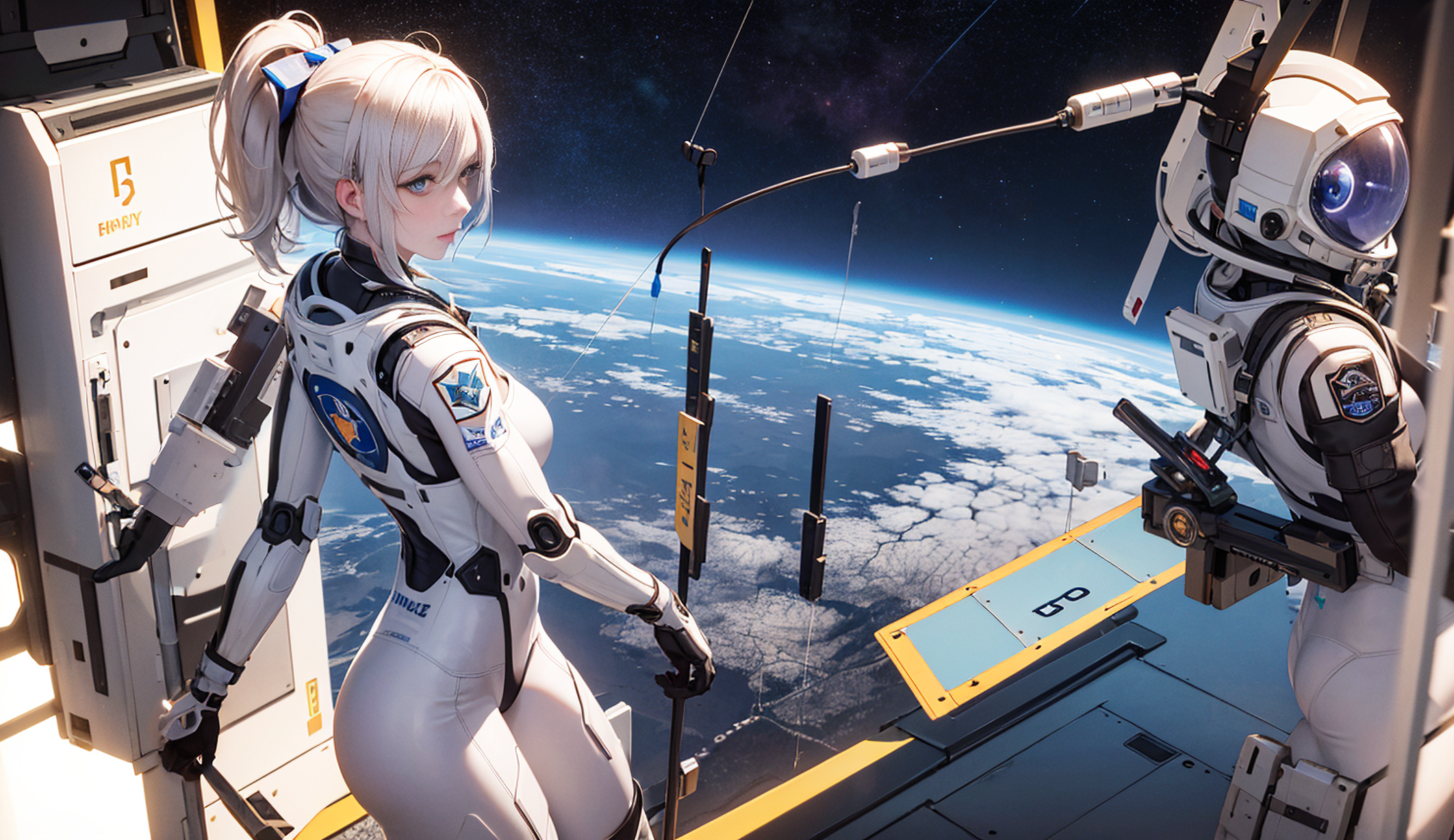 Earth Space Station Anime Girls Ai Art Space Astronaut Ponytail Planet 2124x1228
