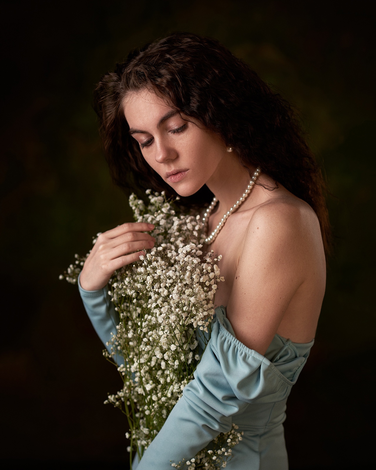 Max Pyzhik Women Brunette Flowers Necklace Bare Shoulders Beads Simple Background 1280x1600