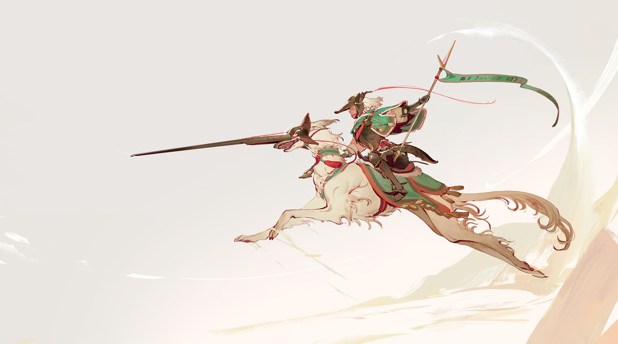 Horse Knight Unicorn Minimalism Anime Girls Creature Armor Weapon Smiling Simple Background Flag 2400x1335
