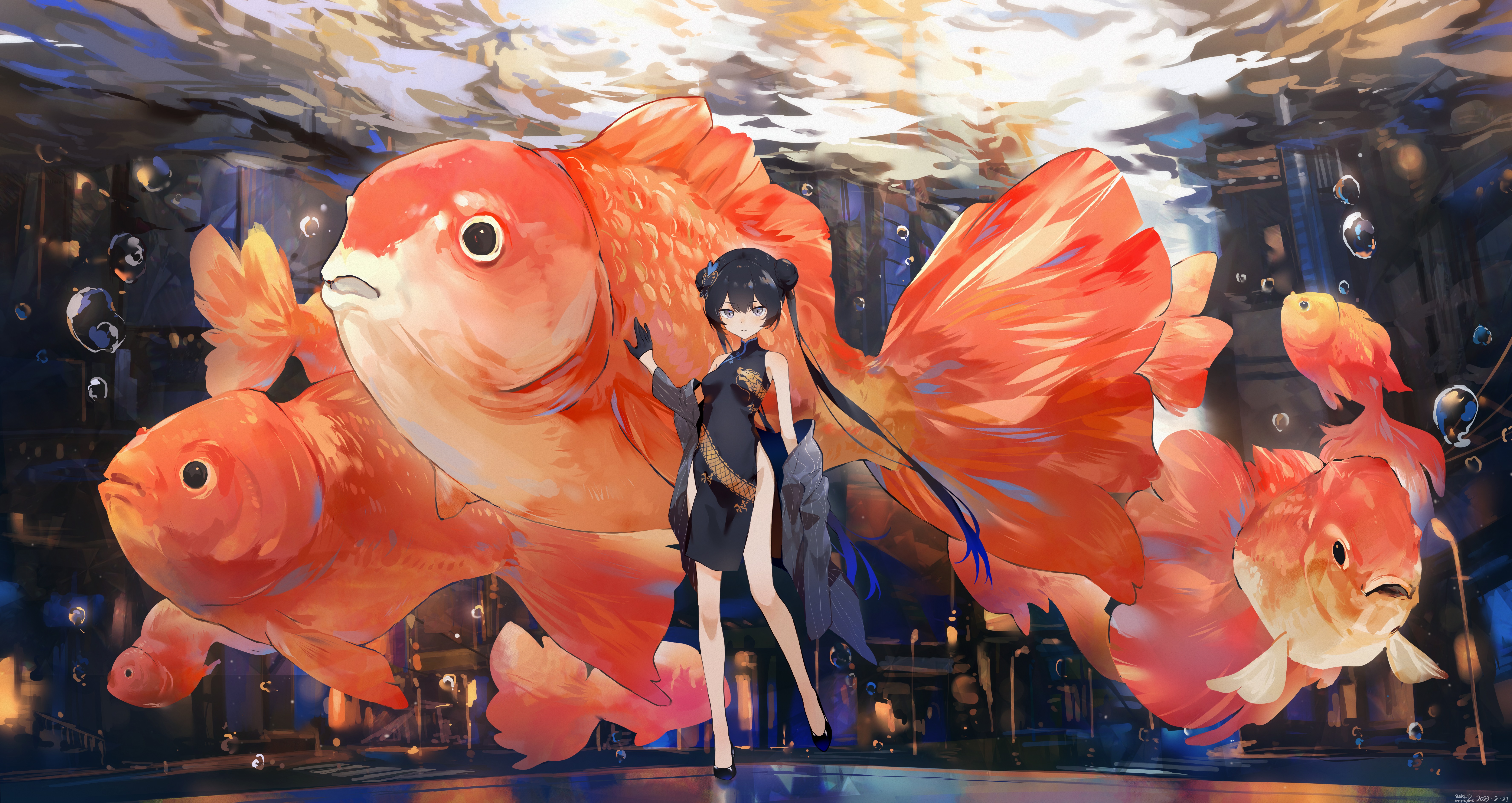 Anime Anime Girls Fish Chinese Dress Gloves Twintails Hairbun Bubbles 7097x3770