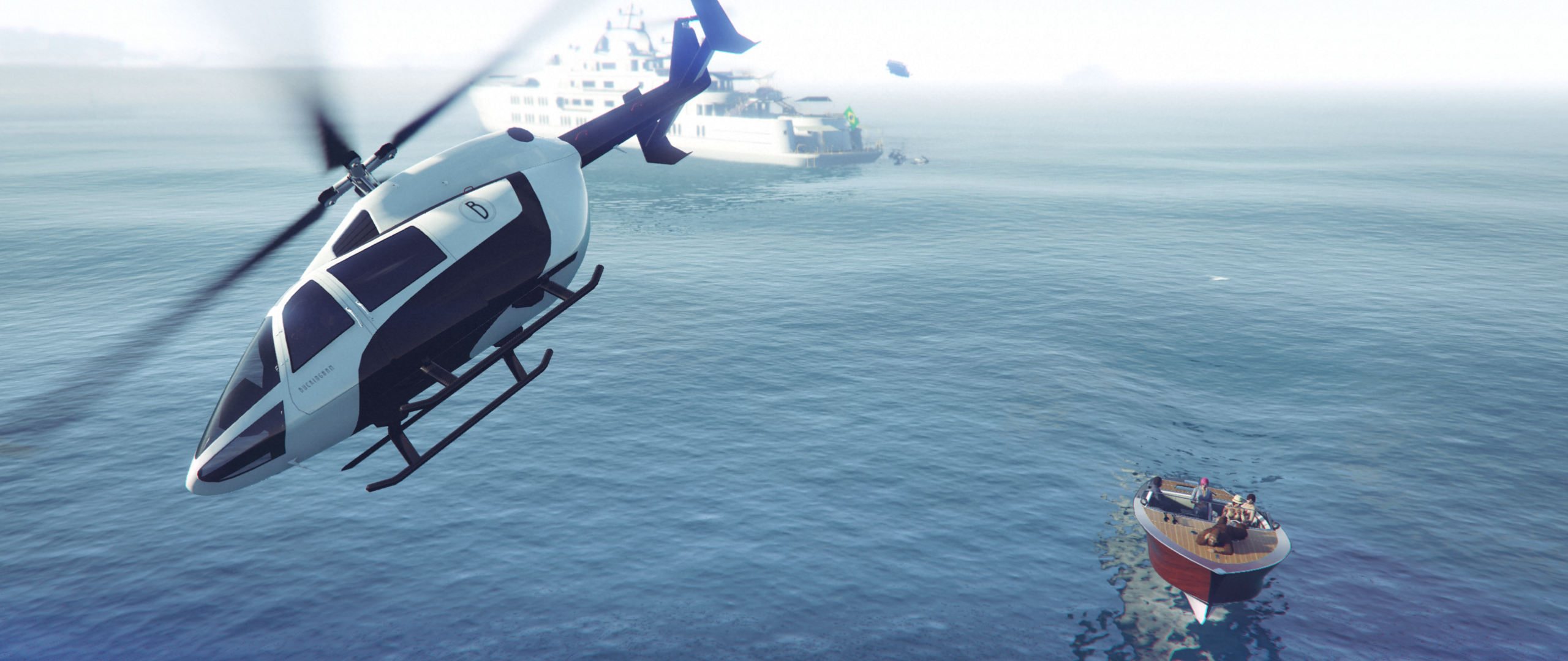 Grand Theft Auto V Screen Shot Grand Theft Auto Video Games CGi Water Helicopters Aircraft Boat Vide 2560x1080