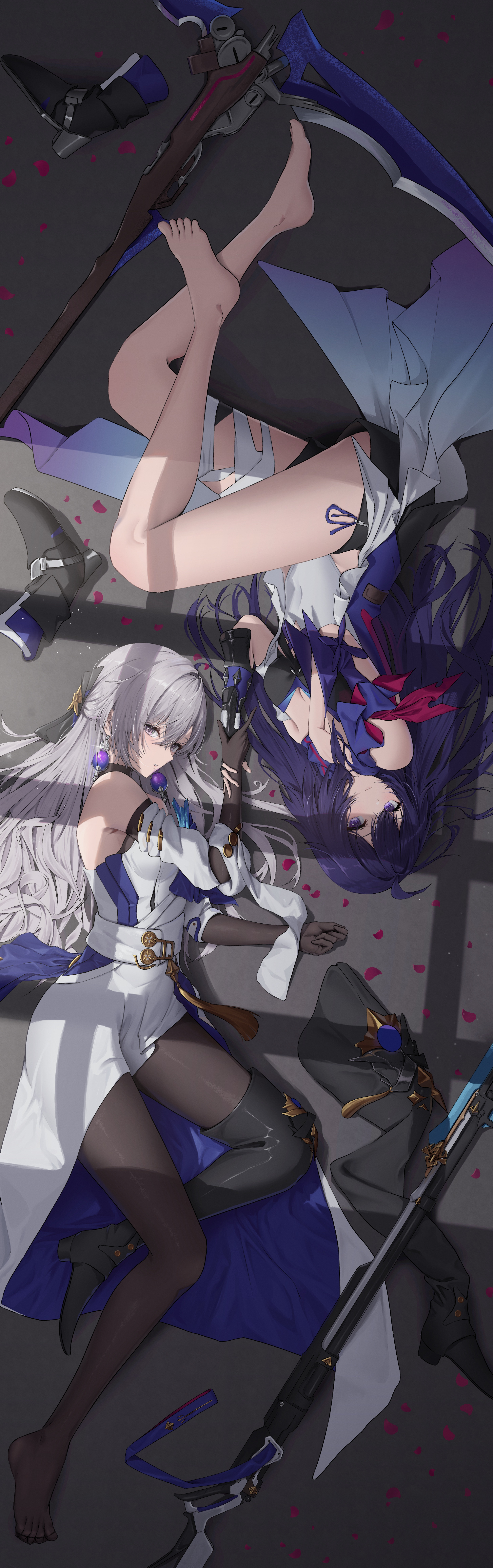 Starrail Anime Girls Lying On Side Lying Down Portrait Display Petals Scythe Weapon Looking At Viewe 2490x7914