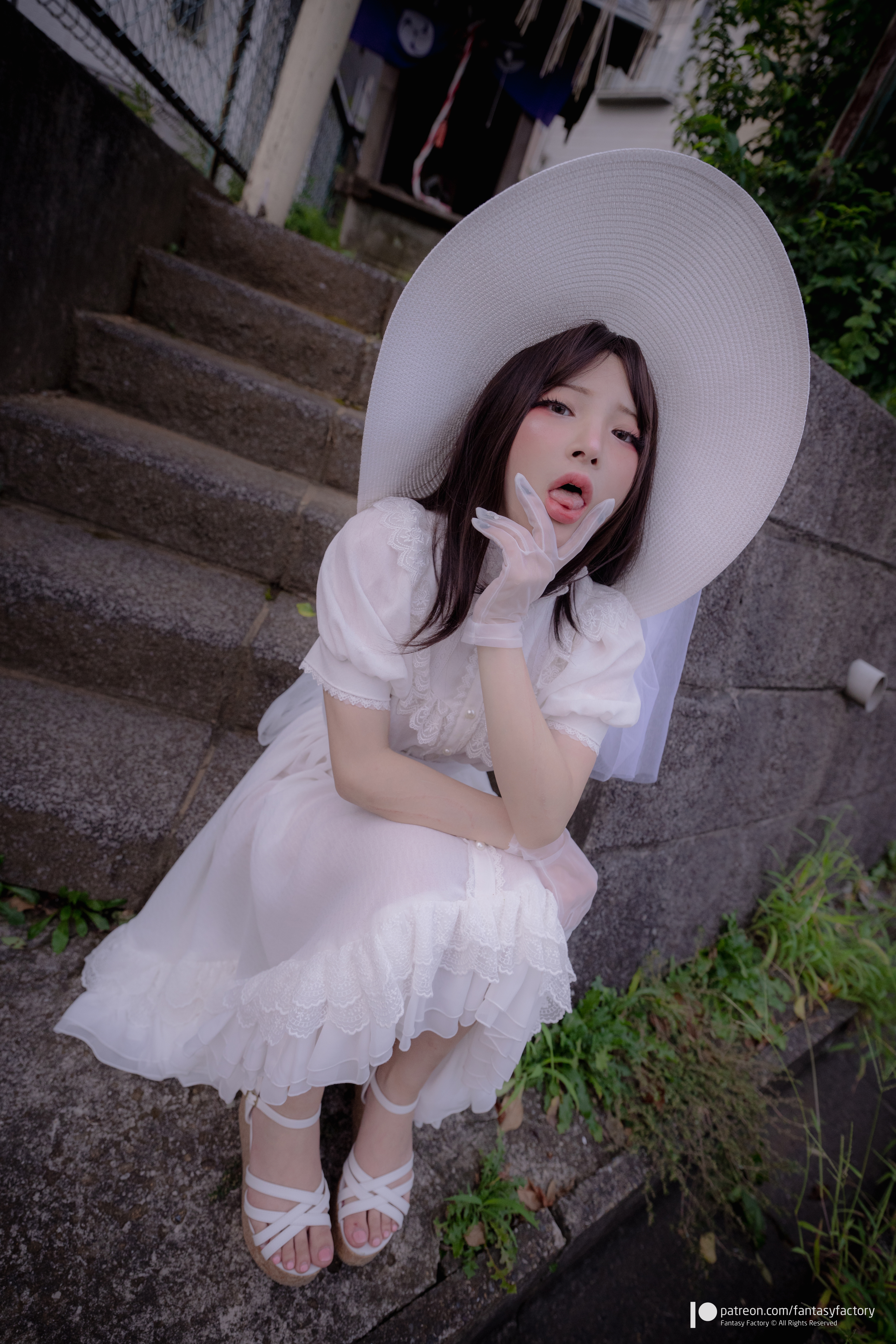 Women Model Asian Cosplay Women With Hats Dress White Clothing Women Outdoors Tongue Out 3840x5760