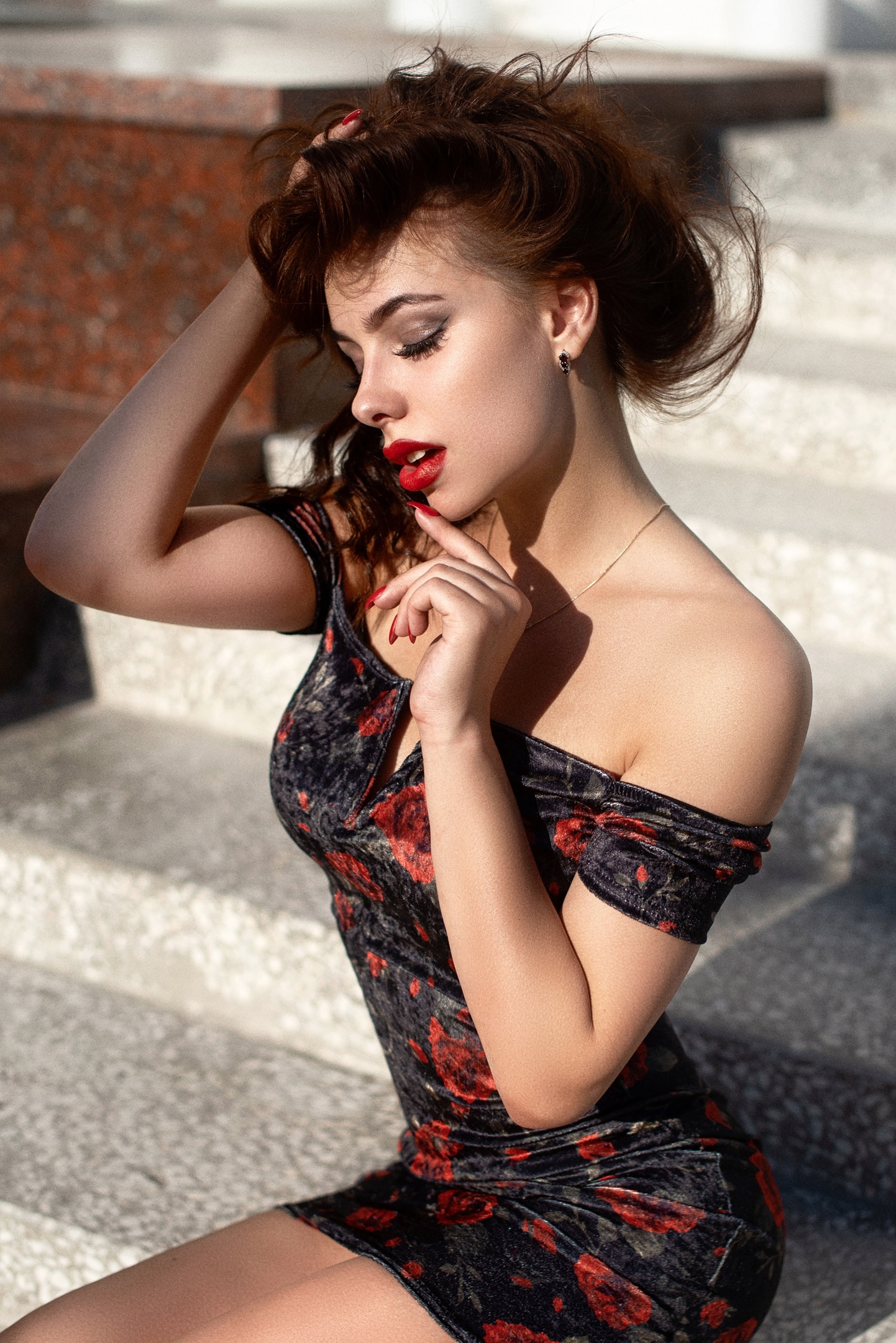 Sergey Prozvitsky Women Brunette Makeup Red Lipstick Dress Bare Shoulders Red Nails Stairs 1442x2160