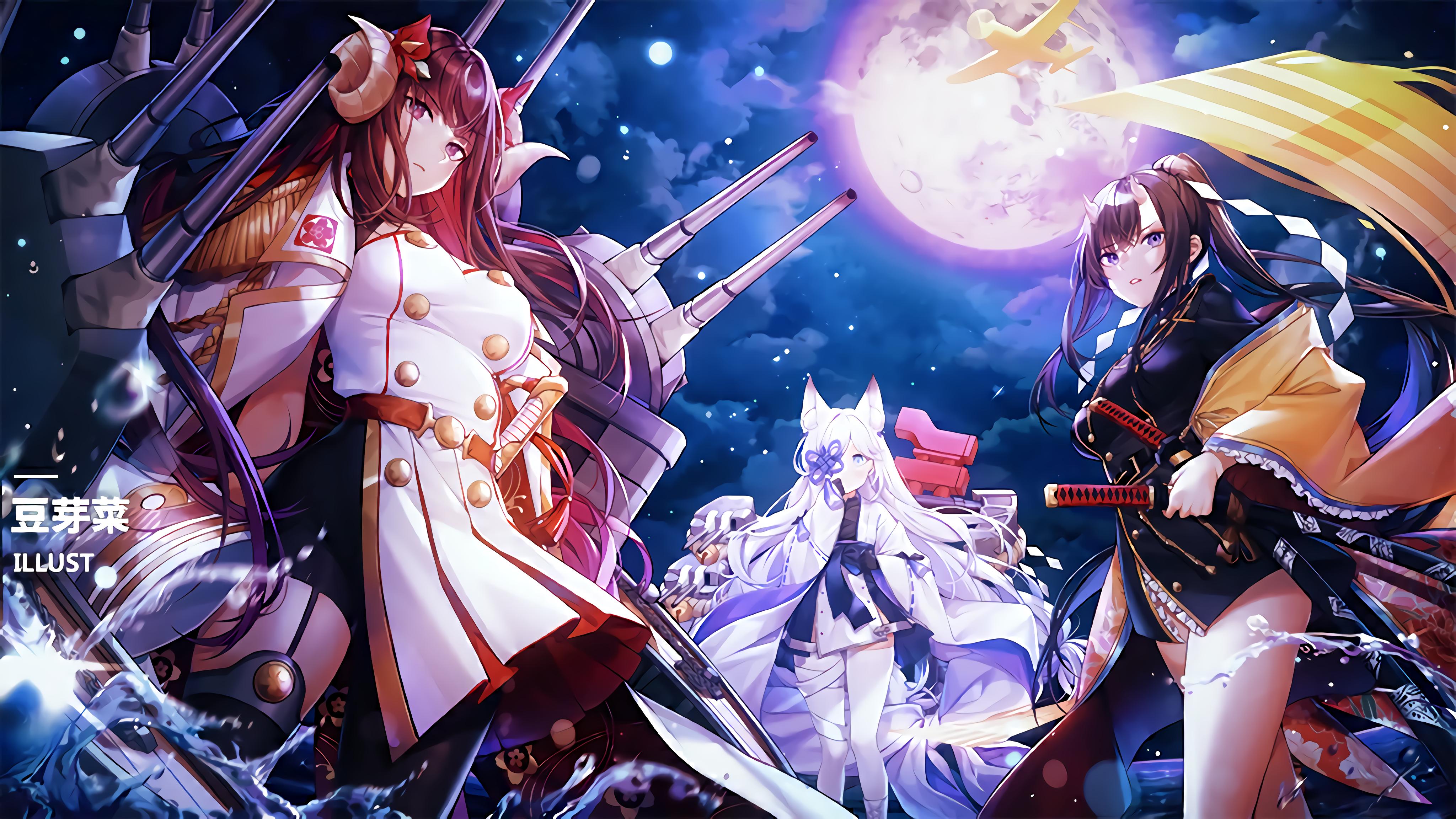 Azur Lane Suruga Azur Lane Uniform Moon Night Sky Anime Girls Water Sword Weapon Long Hair Ponytail  4096x2304