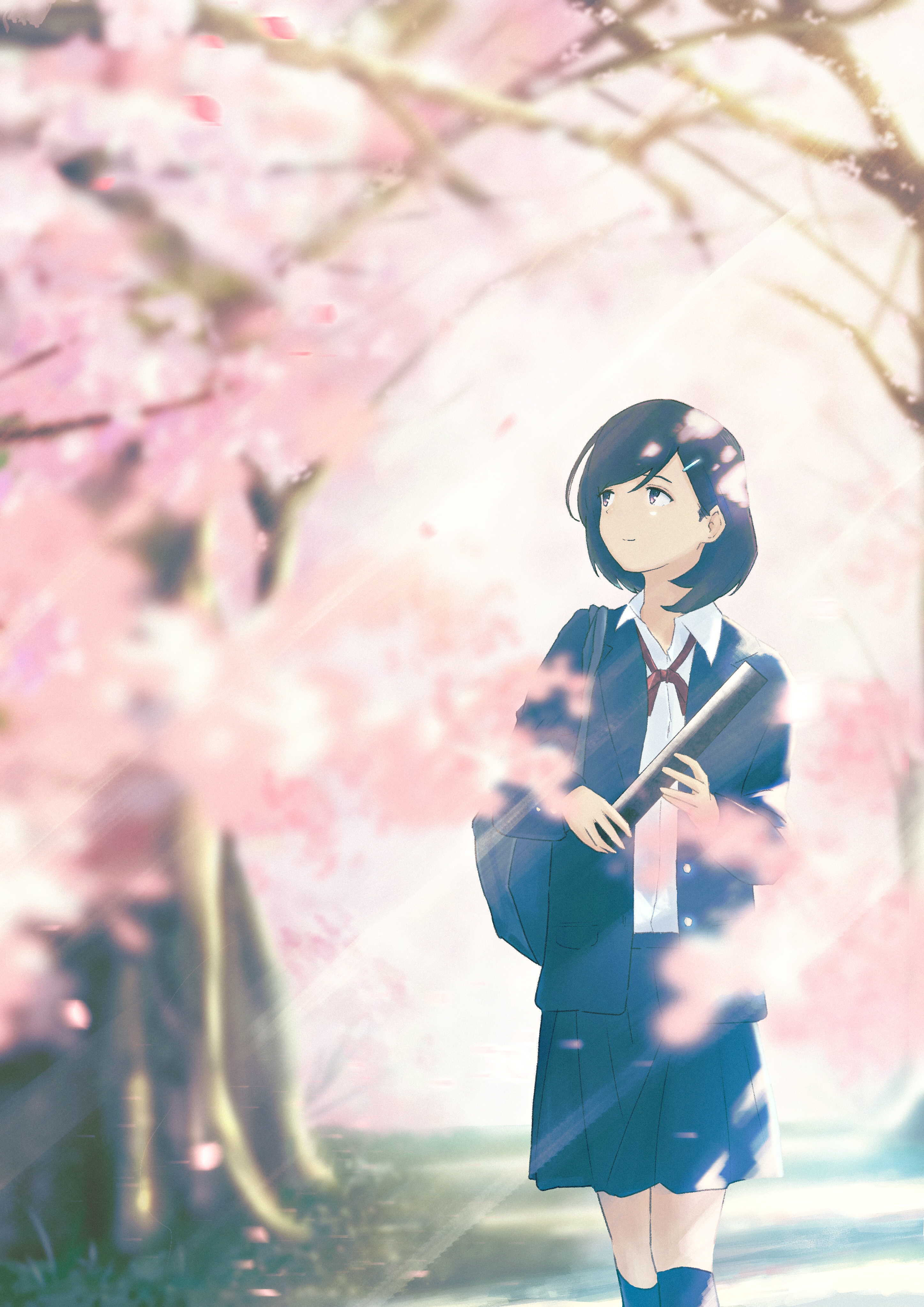 Oka Kojiro Illustration Anime Girls Cherry Blossom Looking Up School Uniform Short Hair Black Hair 2894x4093