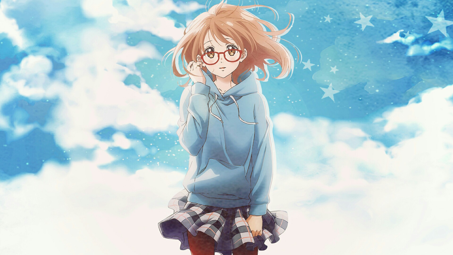 Anime Anime Girls Kyoukai No Kanata Kuriyama Mirai Clouds Glasses Stars 1920x1080