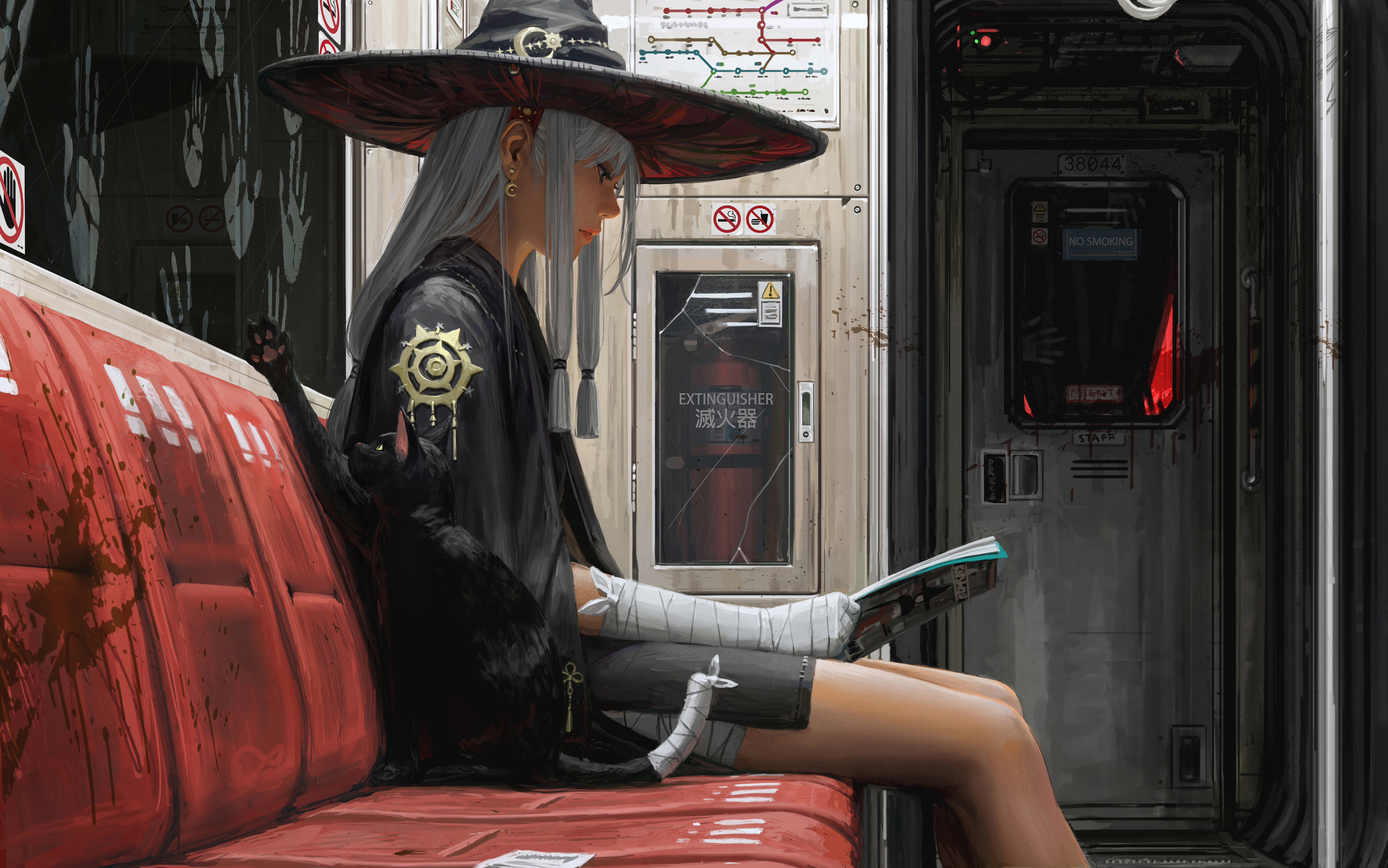 GUWEiZ Original Characters Concept Art 2D Artwork Drawing Witch Fantasy Girl Subway Profile Cats Wit 6000x3750