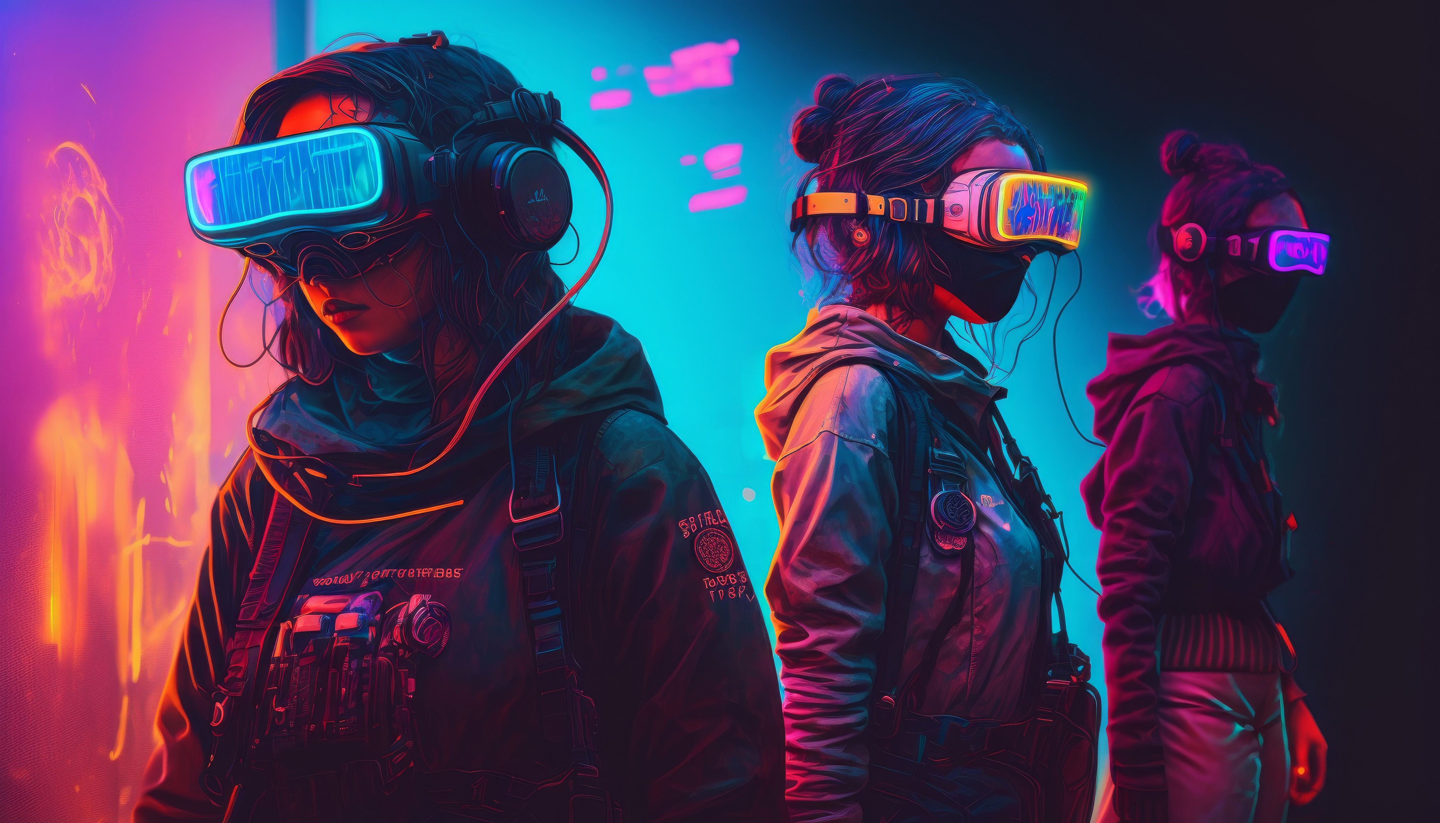 Ai Art Illustration VR Headset Cyberpunk Women Colorful 4579x2616
