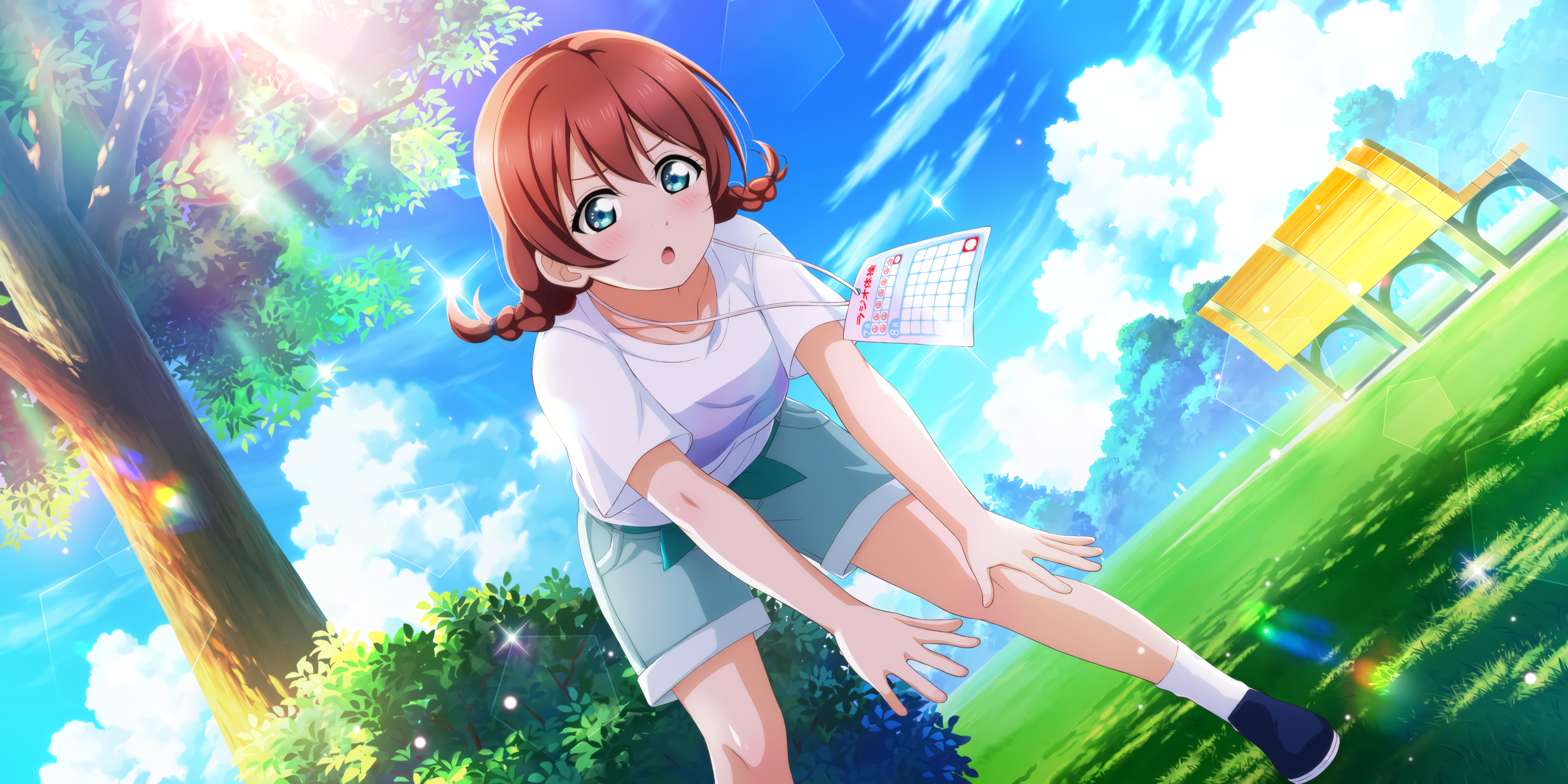 Emma Verde Love Live Anime Anime Girls Open Mouth Blue Eyes Redhead Trees Sunlight Women Outdoors Lo 3600x1800
