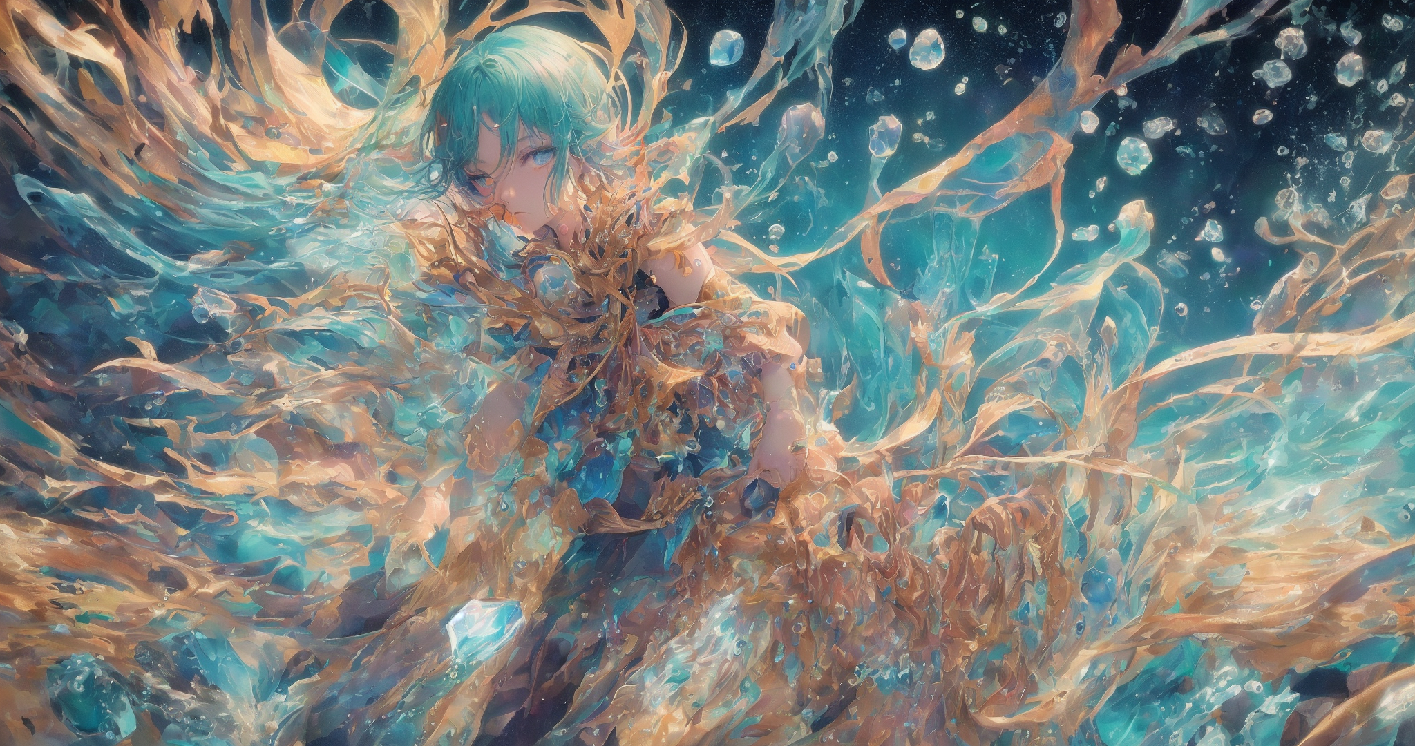 Magical Baekto Last Origin Anime Girls In Water Blue Hair Blue Eyes Ai Art Digital Art Water 2048x1080