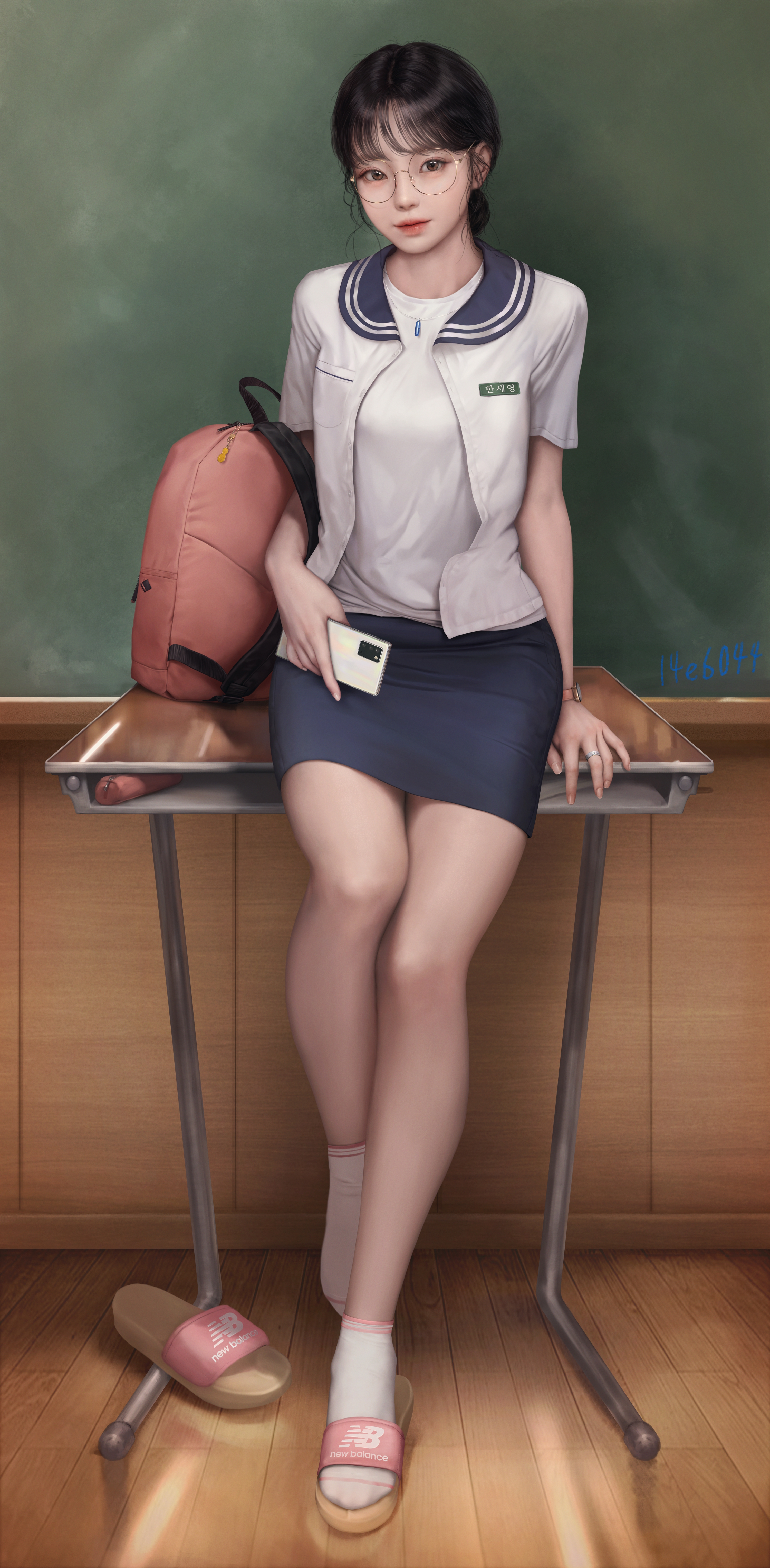 Asian Schoolgirl School Uniform Blackboard Artwork Drawing Desk Cellphone Yong Jun Park Women Lookin 3000x6105