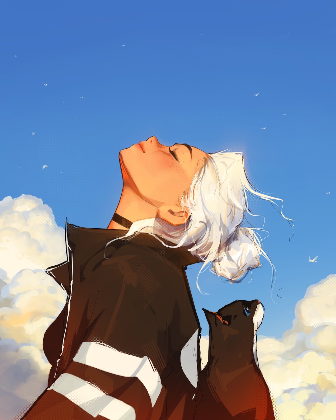 Anime Girls Portrait Display Looking Up Black Jackets Choker Animals Sky White Hair Closed Eyes Cats 1080x1350