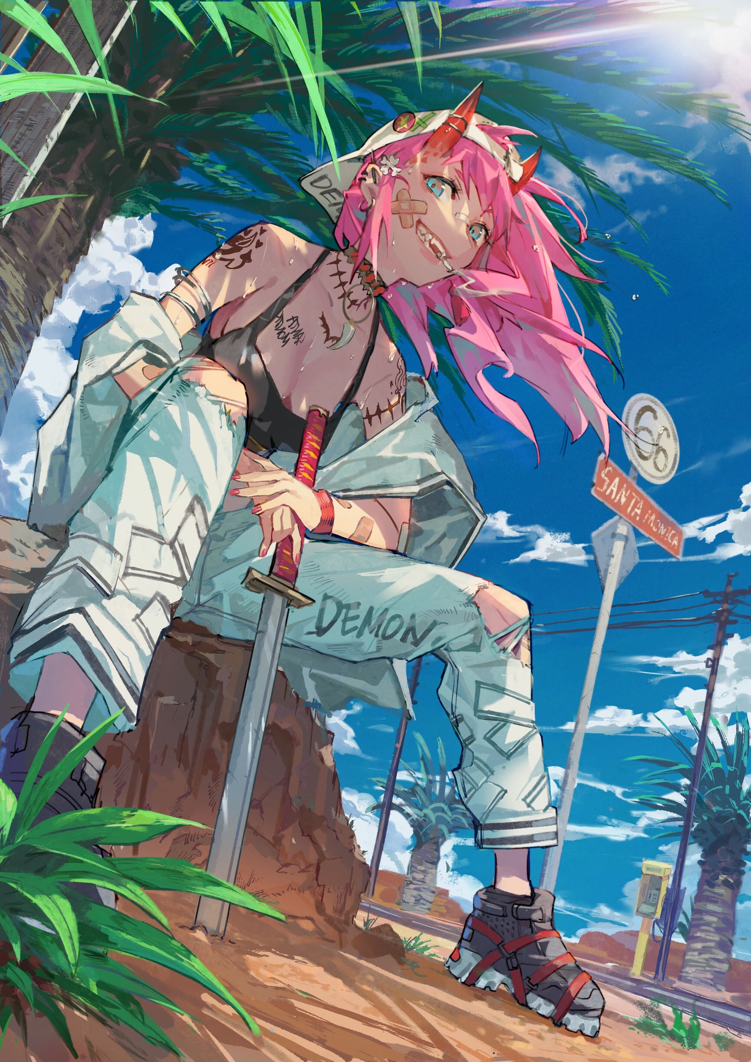 Original Characters Pink Hair Anime Girls Sword Hat 2480x3508