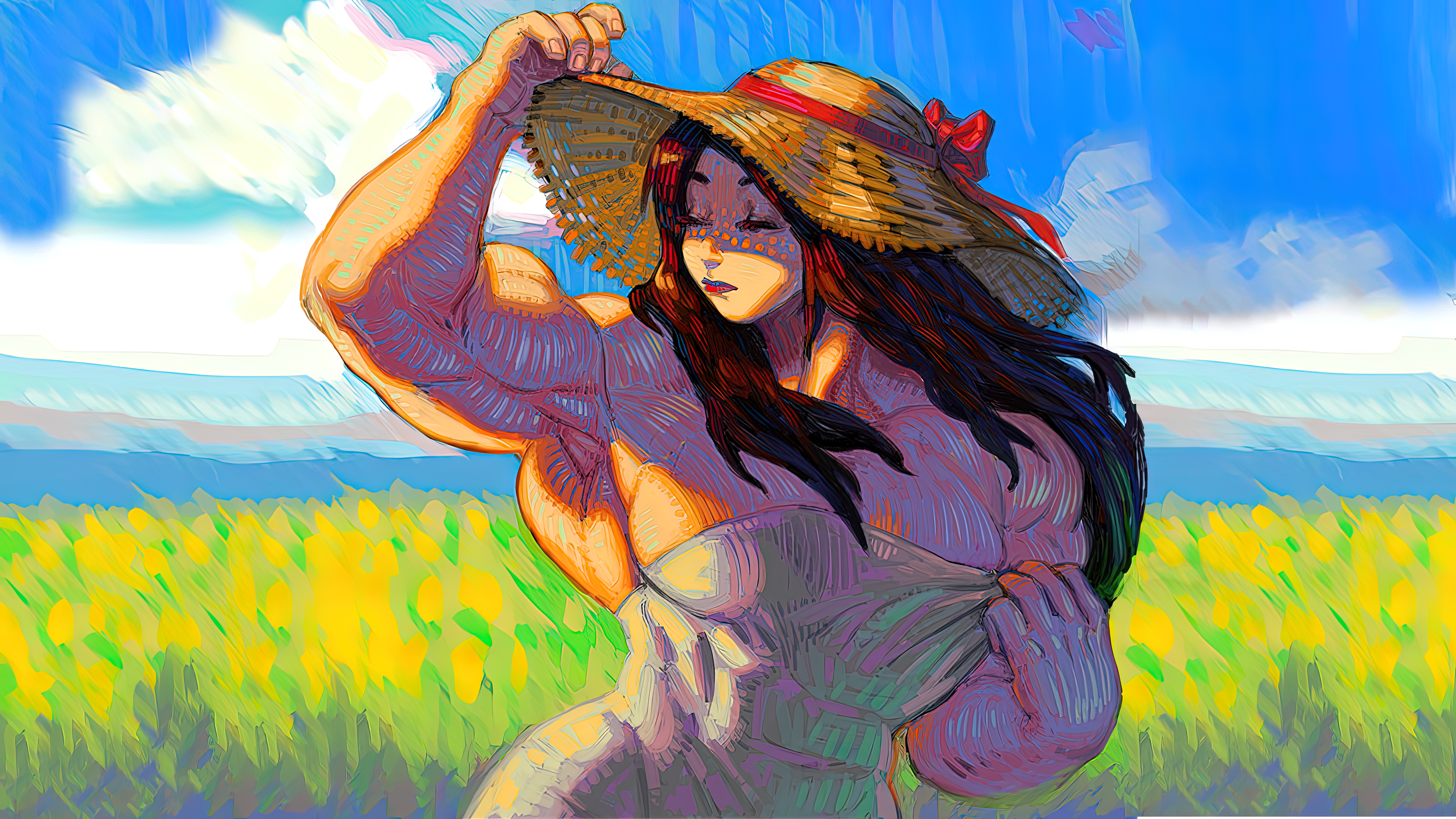 Drawing Muscles Muscular Biceps Toned Female Artwork Digital Art Straw Hat Closed Eyes 3840x2160