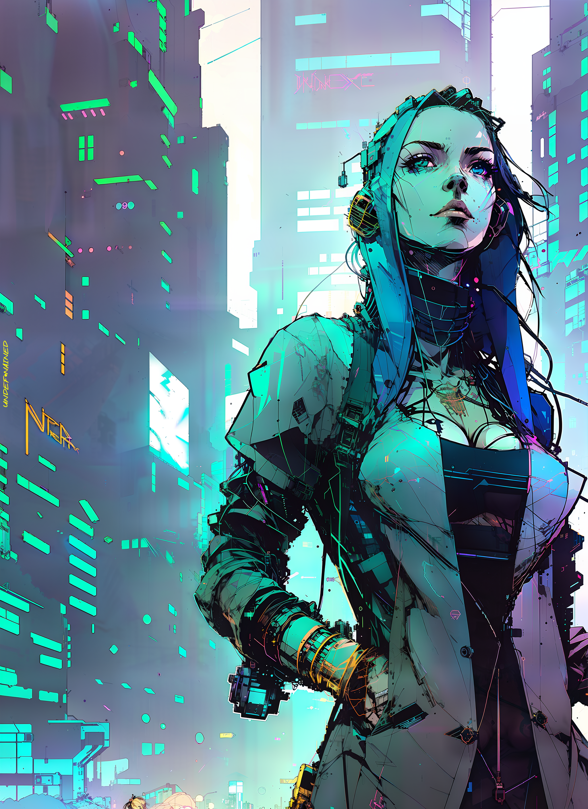 Inkpunk Cyberpunk Artwork Blue Hair Fantasy Girl Ai Art City Lights 2048x2816