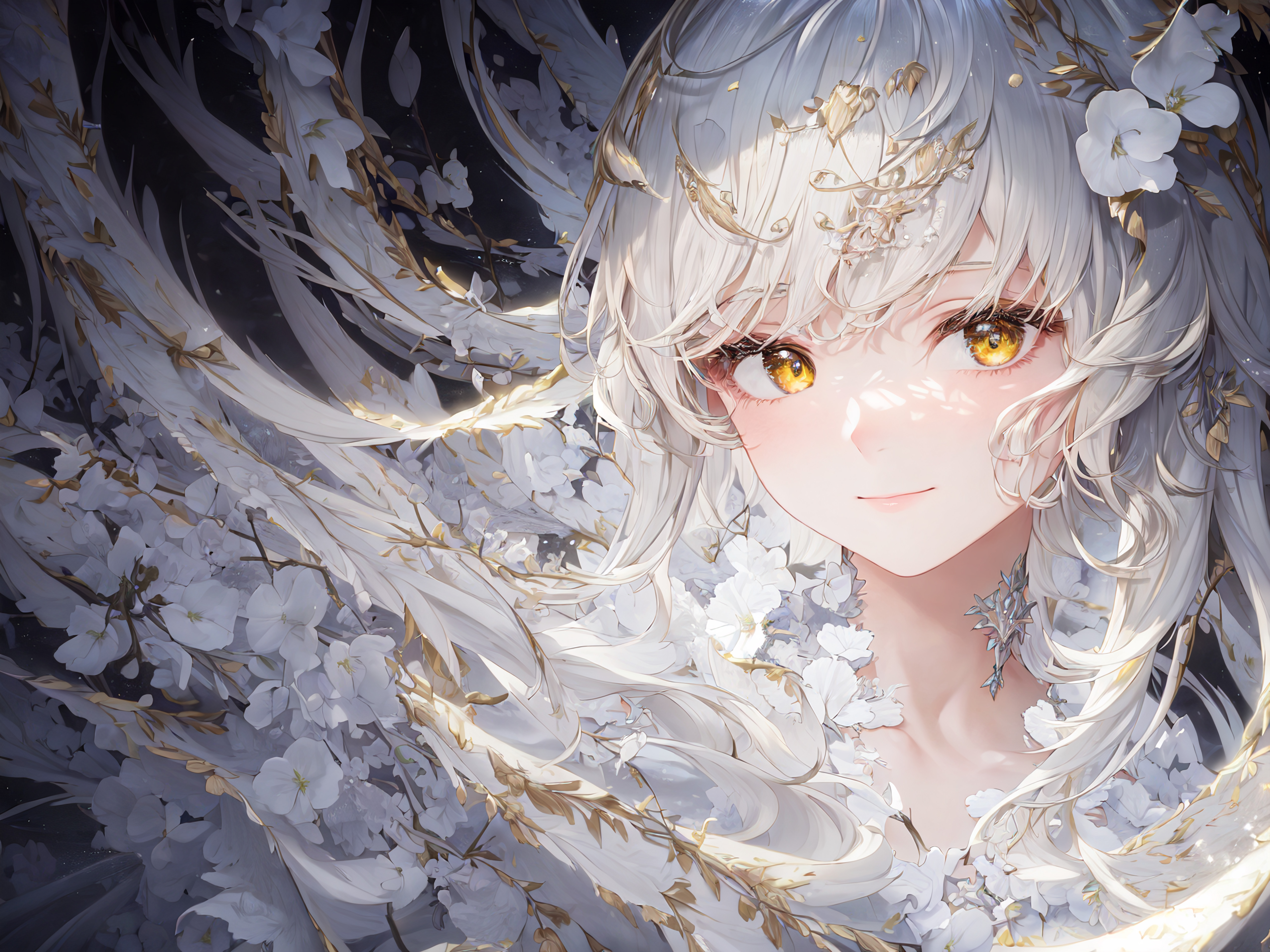 Anime Anime Girls White Hair Yellow Eyes Long Hair Flowers White Clothing Ai Art Flower In Hair Look 5120x3840
