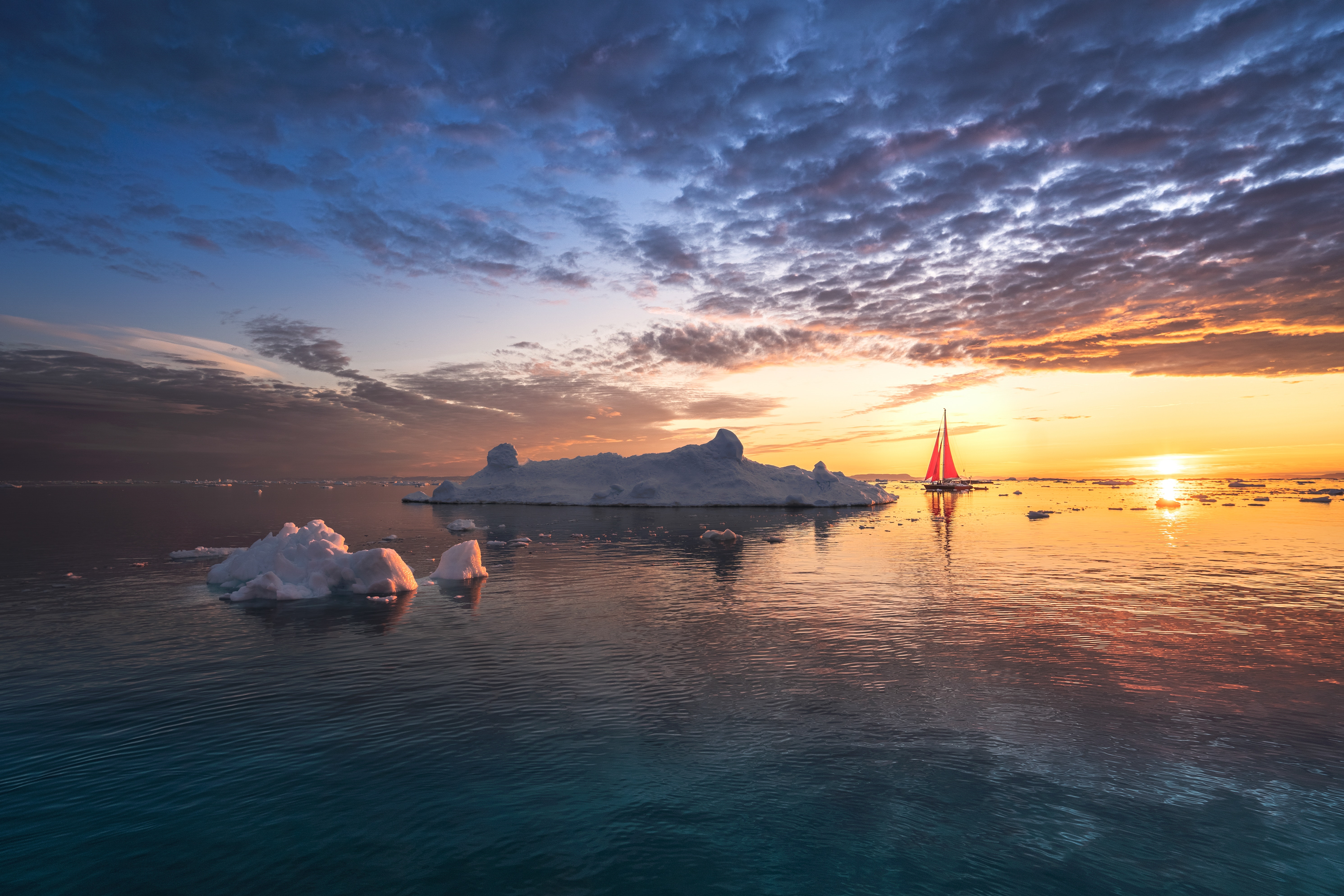 Photography Sunset Ice Snow Sea Sailing Boat Iceberg Nature Landscape Clouds Sailboats Water 5963x3975