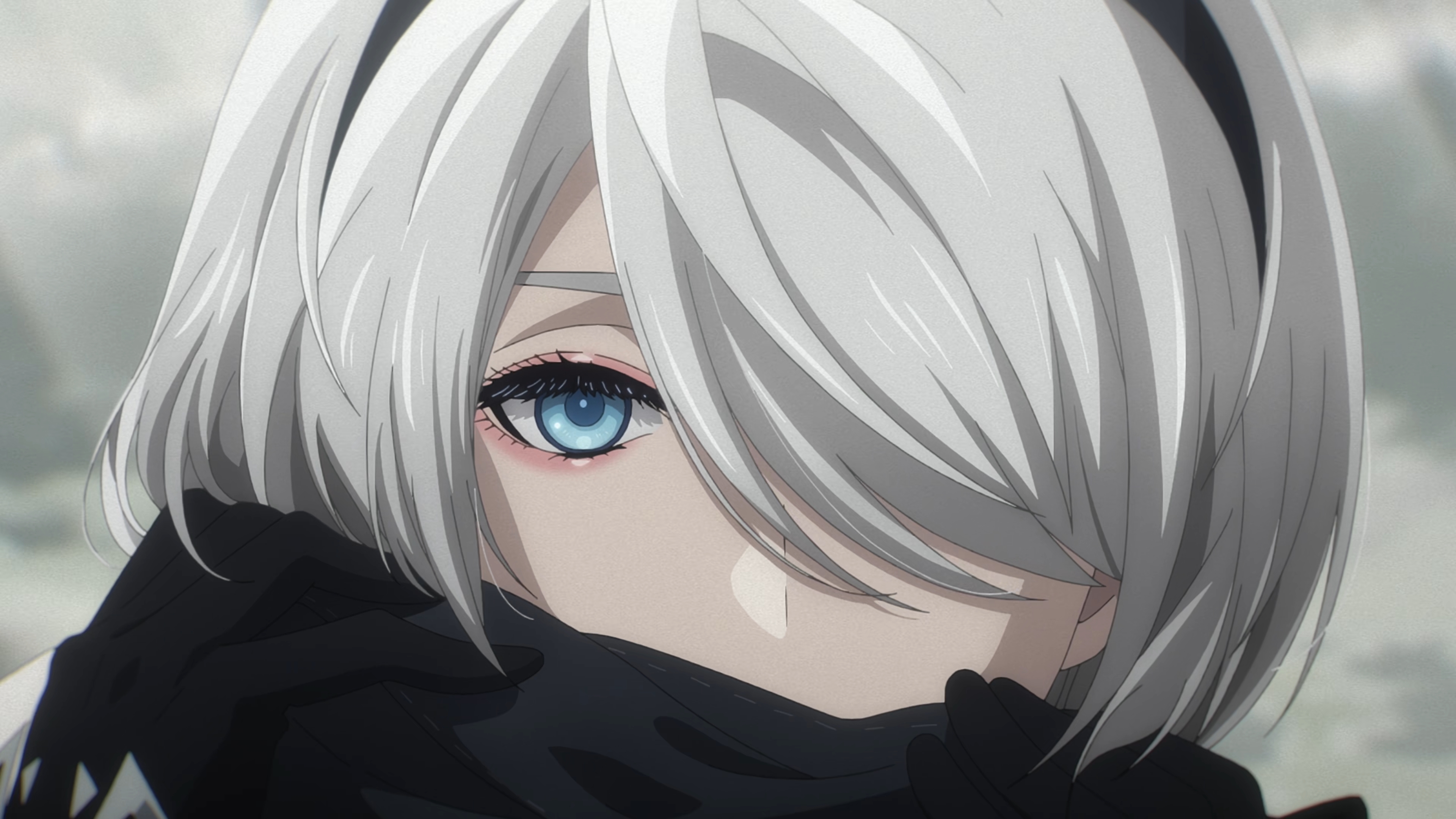 Nier Automata Anime Anime Girls Hair Over One Eye Anime Screenshot Silver Hair Blue Eyes Nier 3840x2160