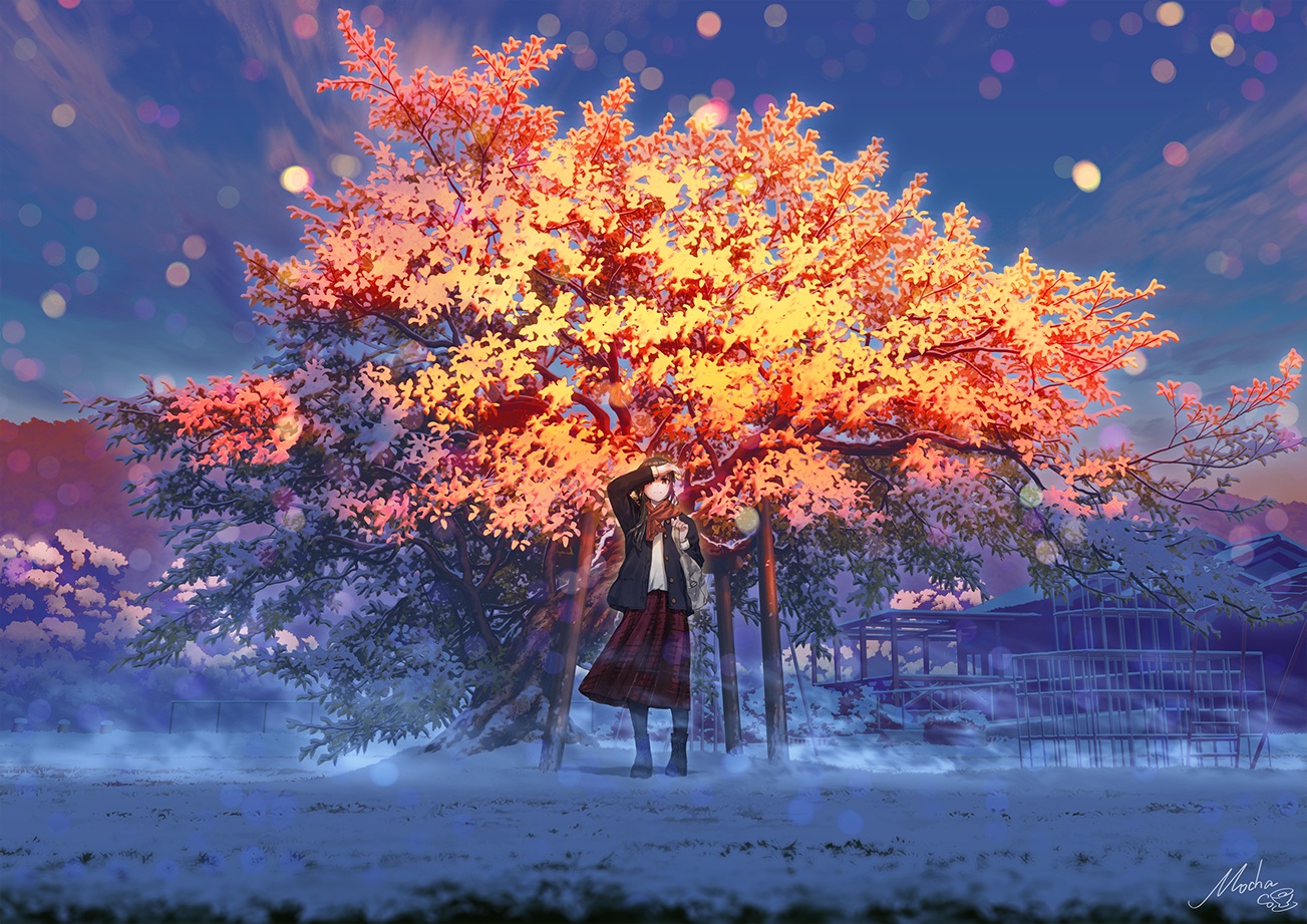 Anime Girls Snow Trees Original Characters Boots Brunette Scarf Clouds Park One Eye Obstructed Sky S 1303x921