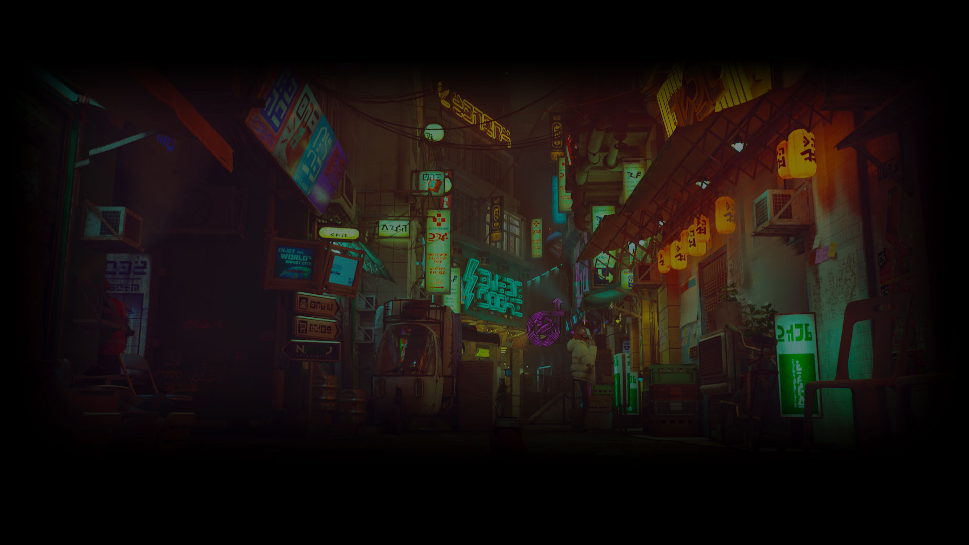 Stray Video Games Glowing Neon City Neon Sign Building Vignette 1920x1080