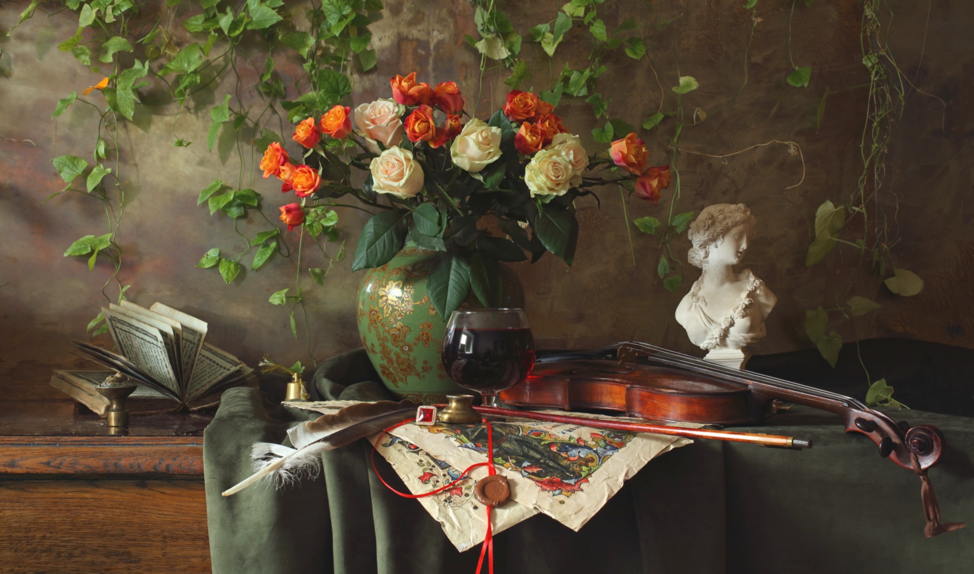 Bouquet Rose Vase Violin Book Sculpture 1920x1133