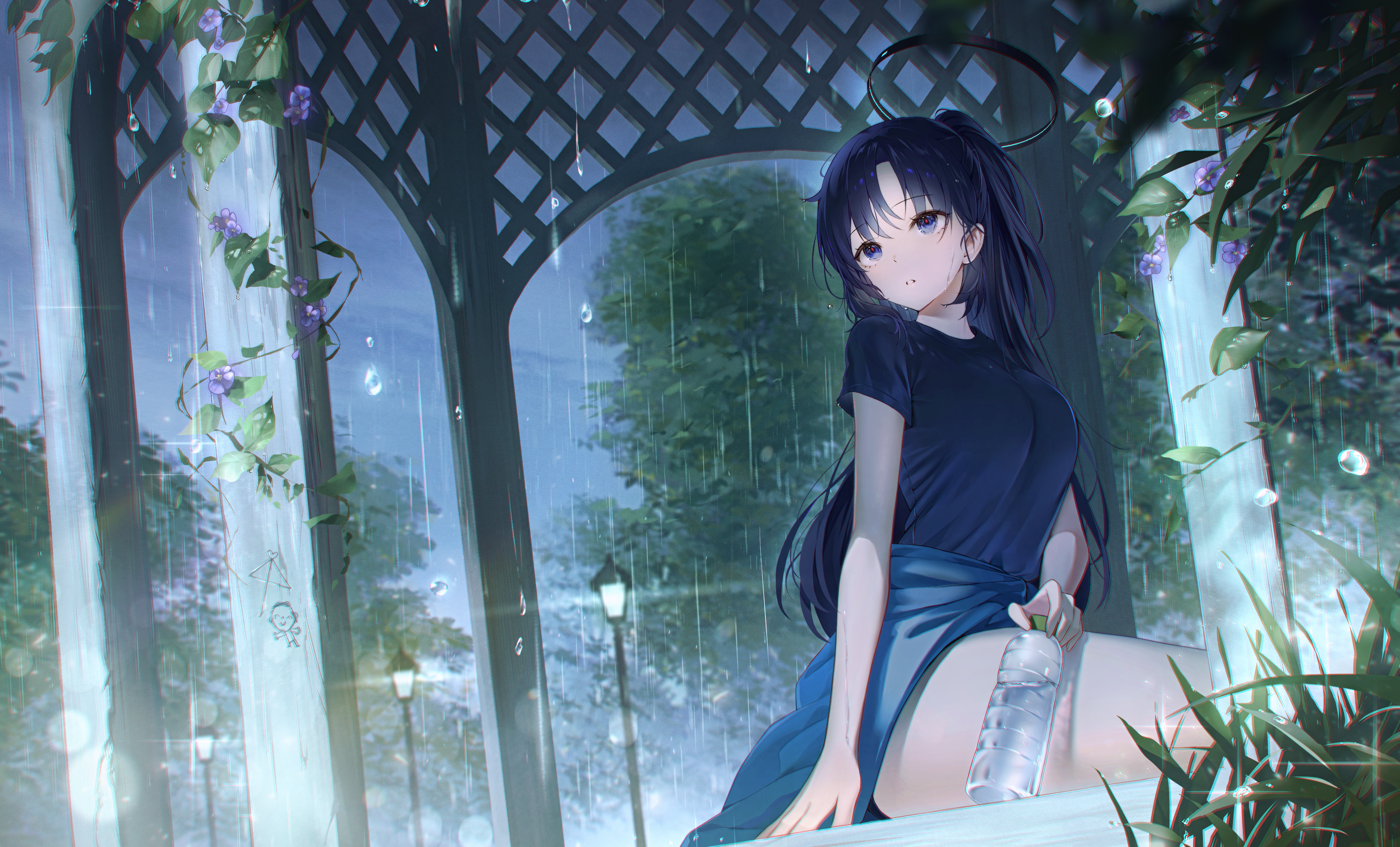 Hayase Yuuka Blue Archive Anime Anime Girls Outdoors Women Outdoors Gazebo Water Bottle Rain Nature 3572x2160