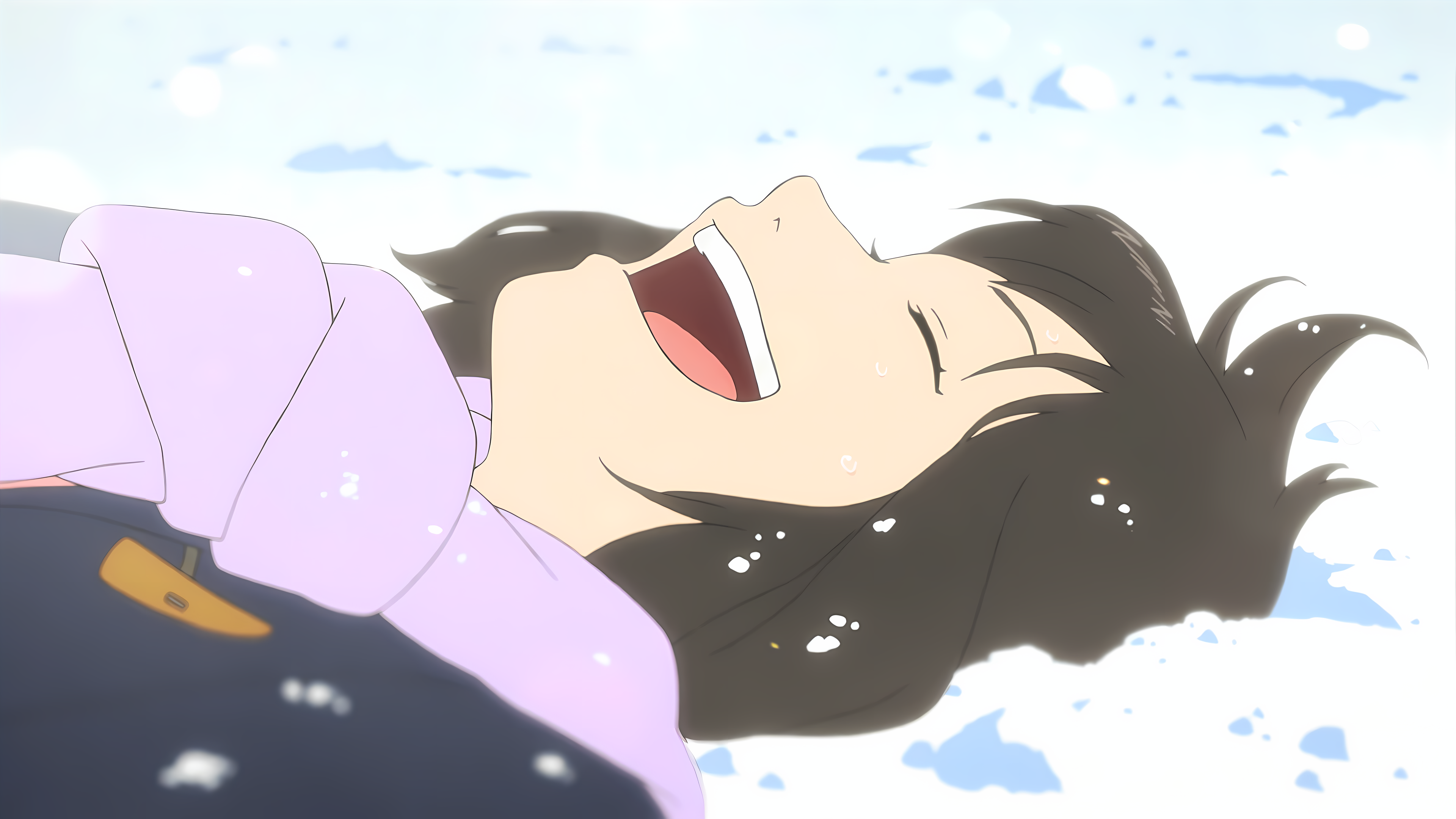 Wolf Children Snow Winter Upscaled Scarf Anime Girls Anime Screenshot Closed Eyes Lying Down Lying O 3840x2160