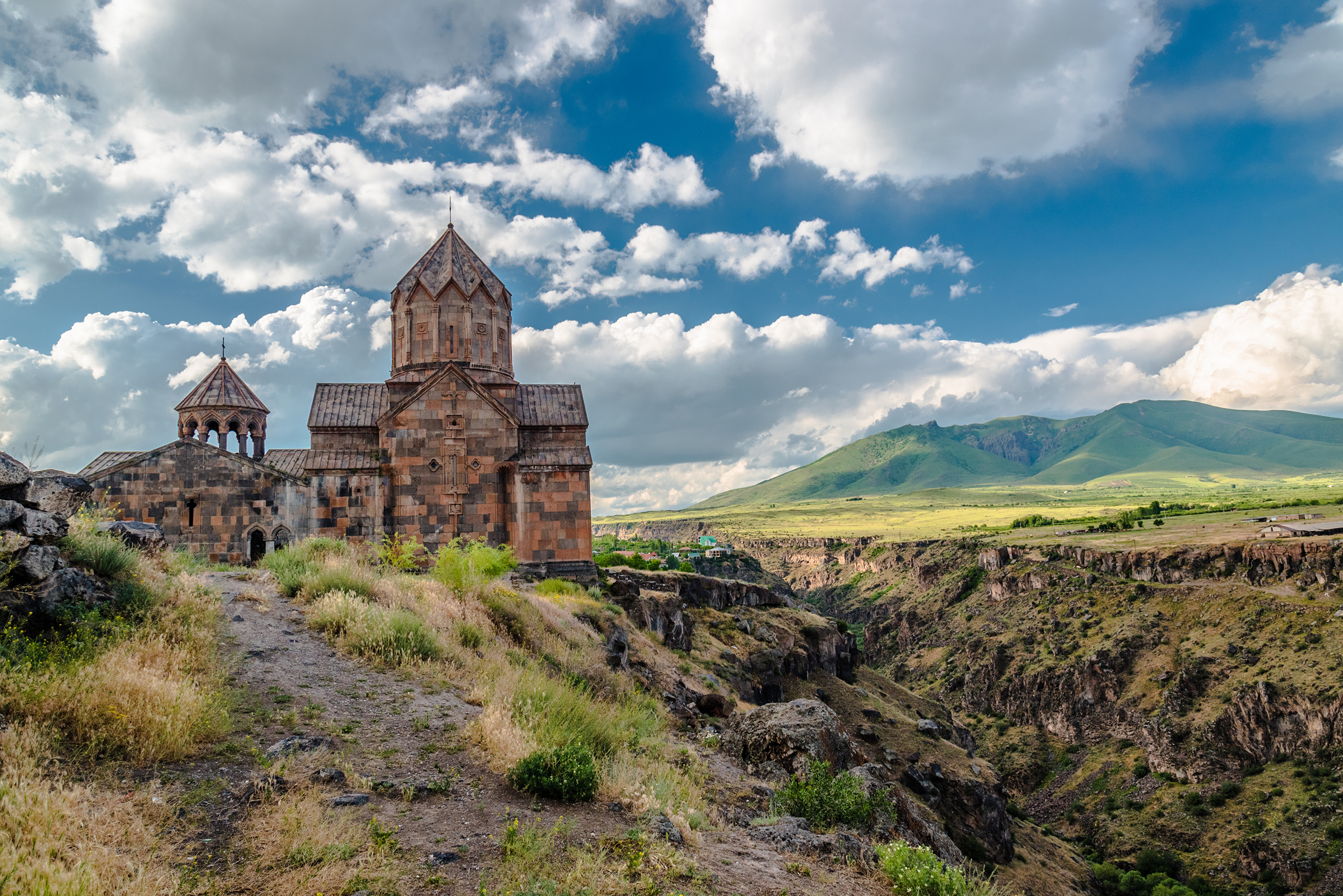 Sky Clouds Grass Building Mountains Monastery Armenian Armenia 3840x2563