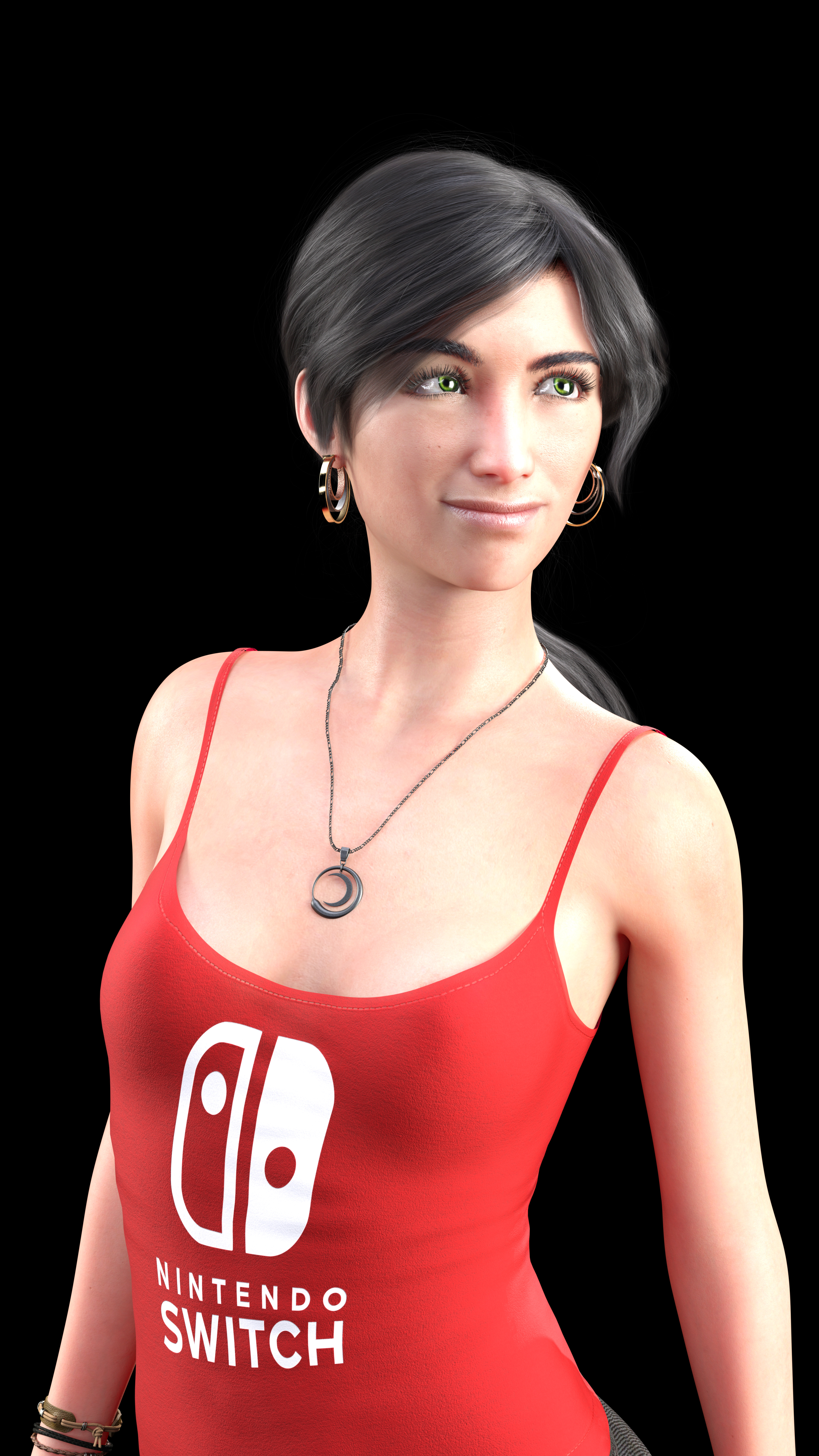Sakirah Rodaun Nintendo Nintendo Switch Necklace Red Shirt Tank Top Black Hair Green Eyes Hoop Earri 3840x6827