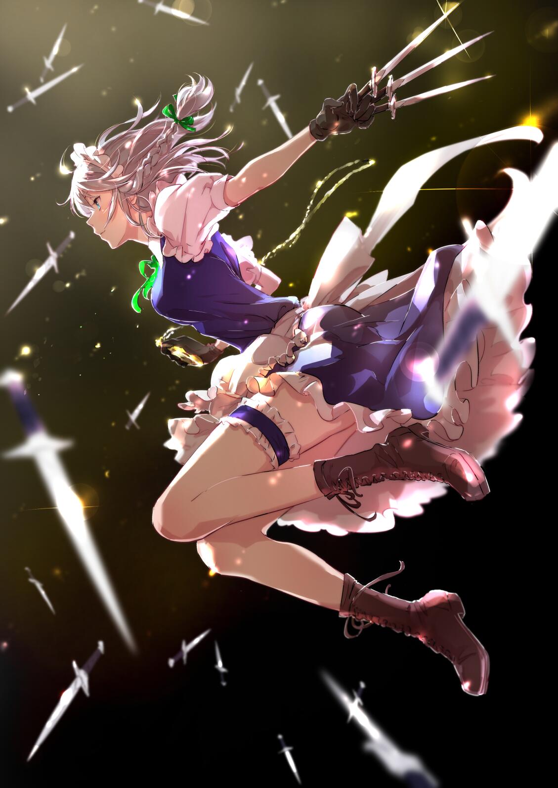 Pink Hair Jumping Touhou Izayoi Sakuya Vertical Anime Girls Maid Maid Outfit Knife Boots Gloves Blac 1129x1593