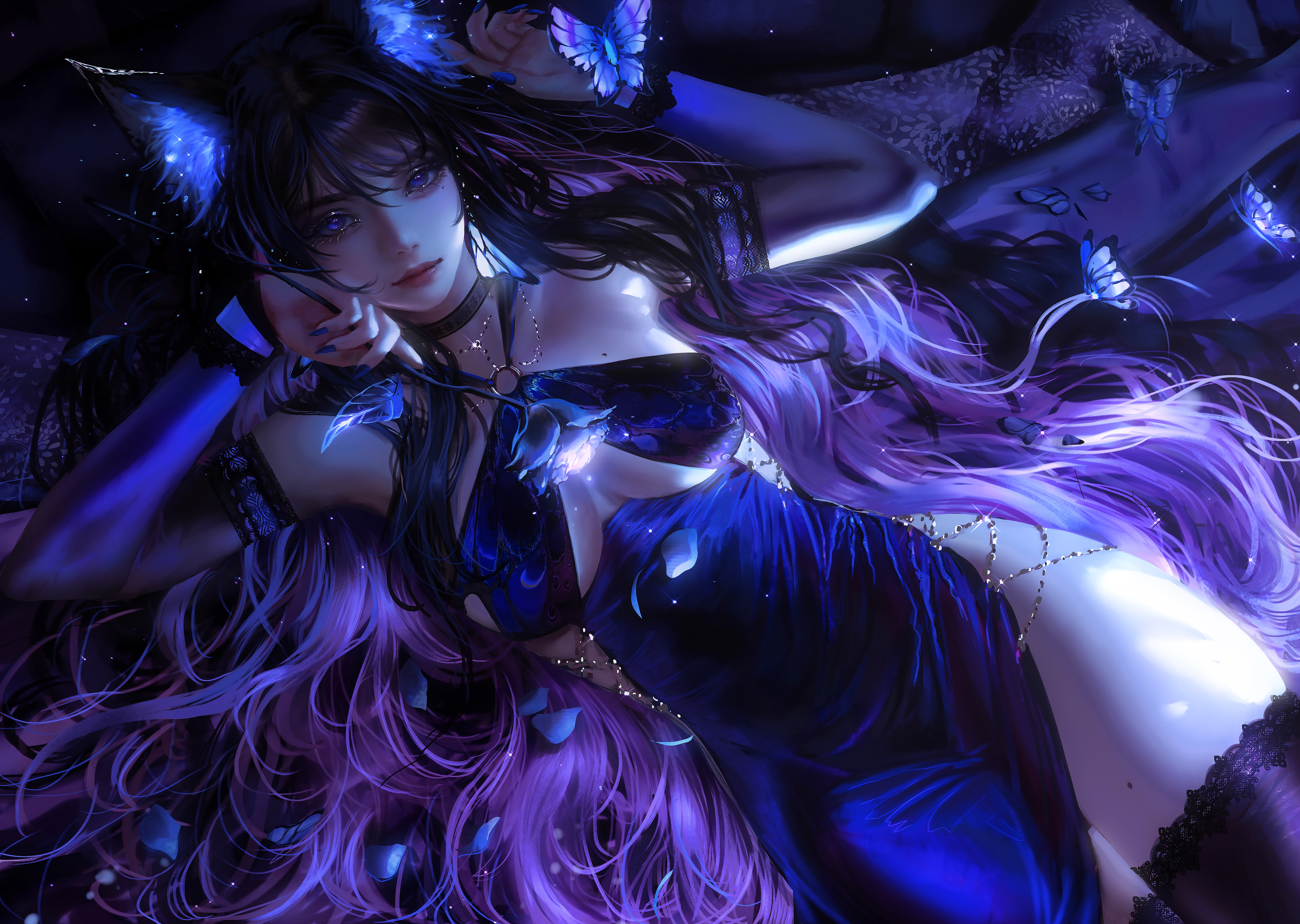 Nixeu Digital Art Artwork Illustration Fantasy Art Fantasy Girl Animal Ears Blue Long Hair Blue Hair 6000x4266
