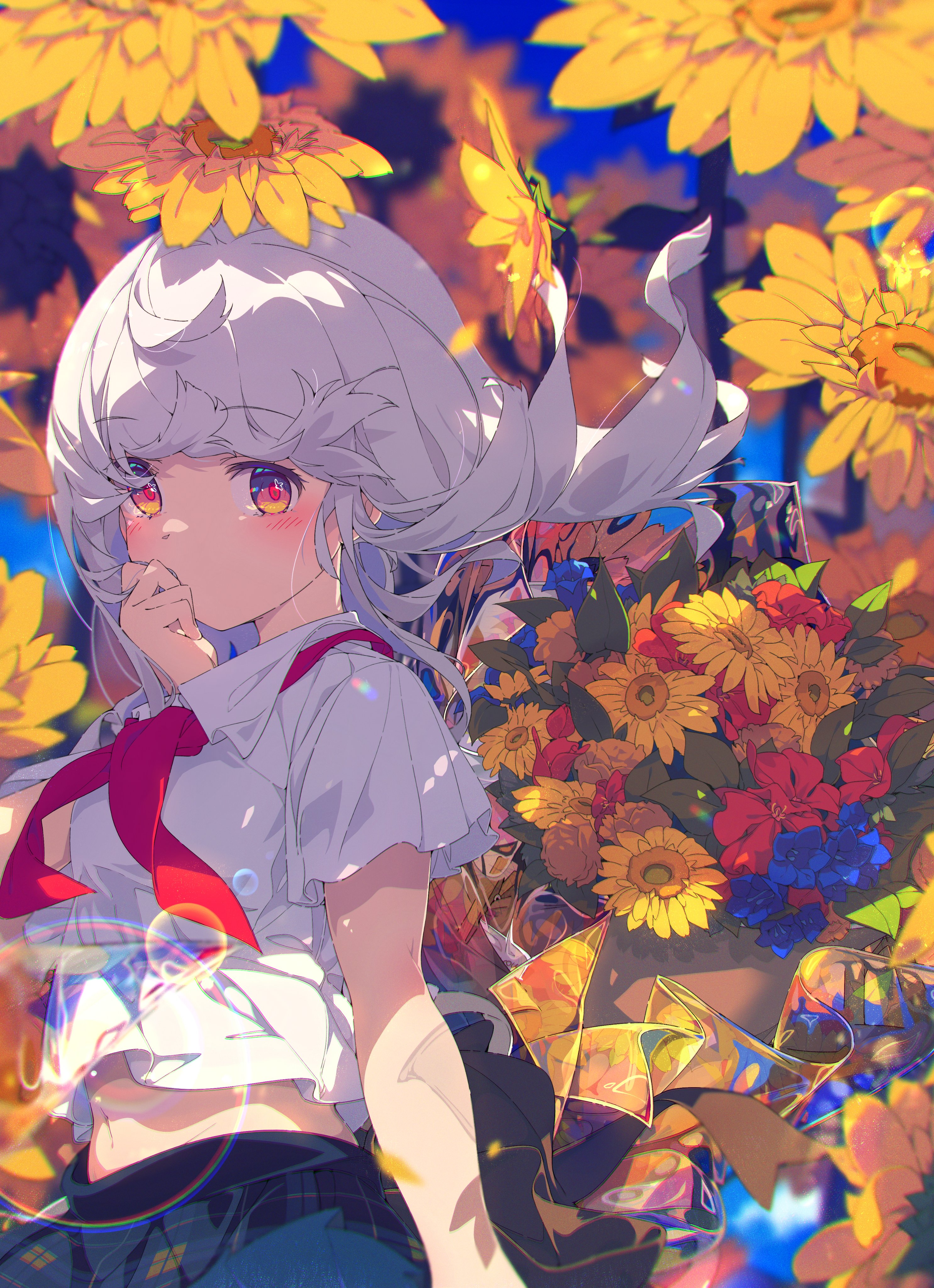 Anime Girls Ogipote Gray Hair Schoolgirl School Uniform Flowers Sunflowers Blushing Multi Colored Ey 2971x4096
