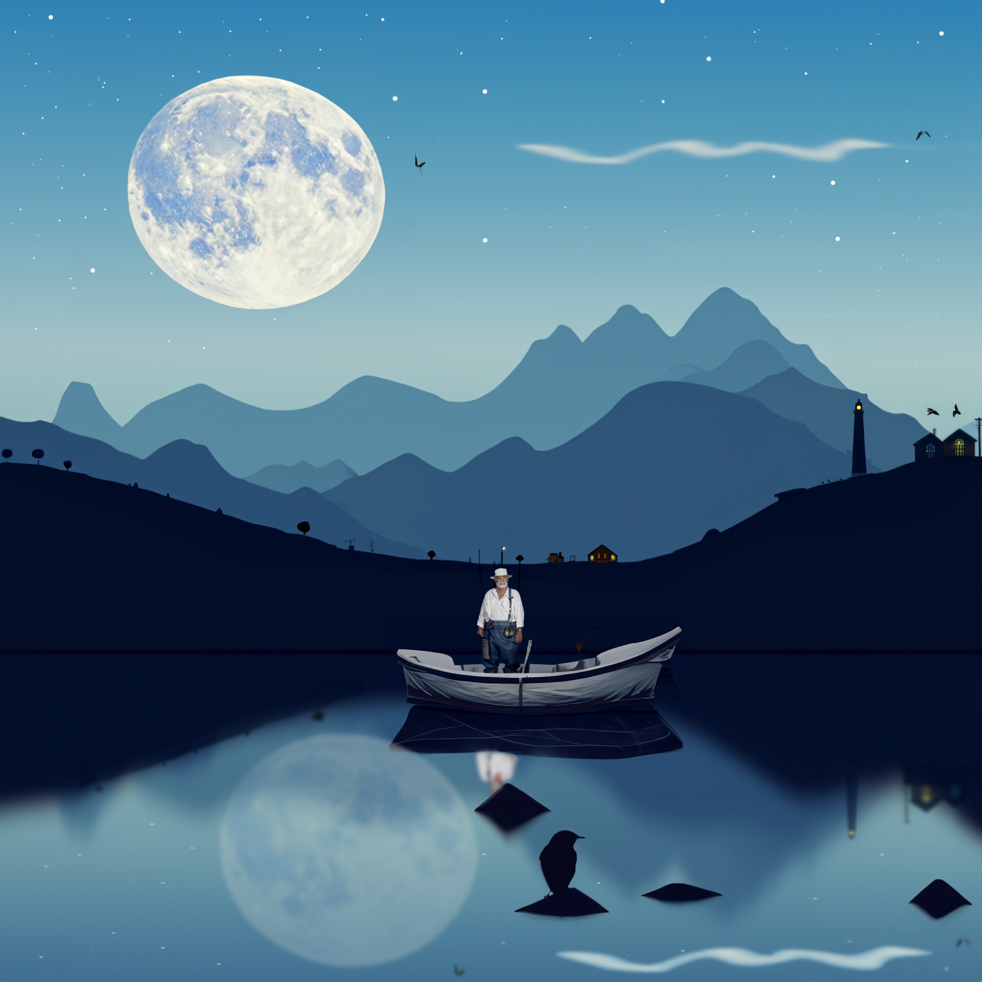 Adobe Firefly Landscape Fisherman Lake Moon Sky Clouds Mountains Water Reflection Boat Standing 2000x2000