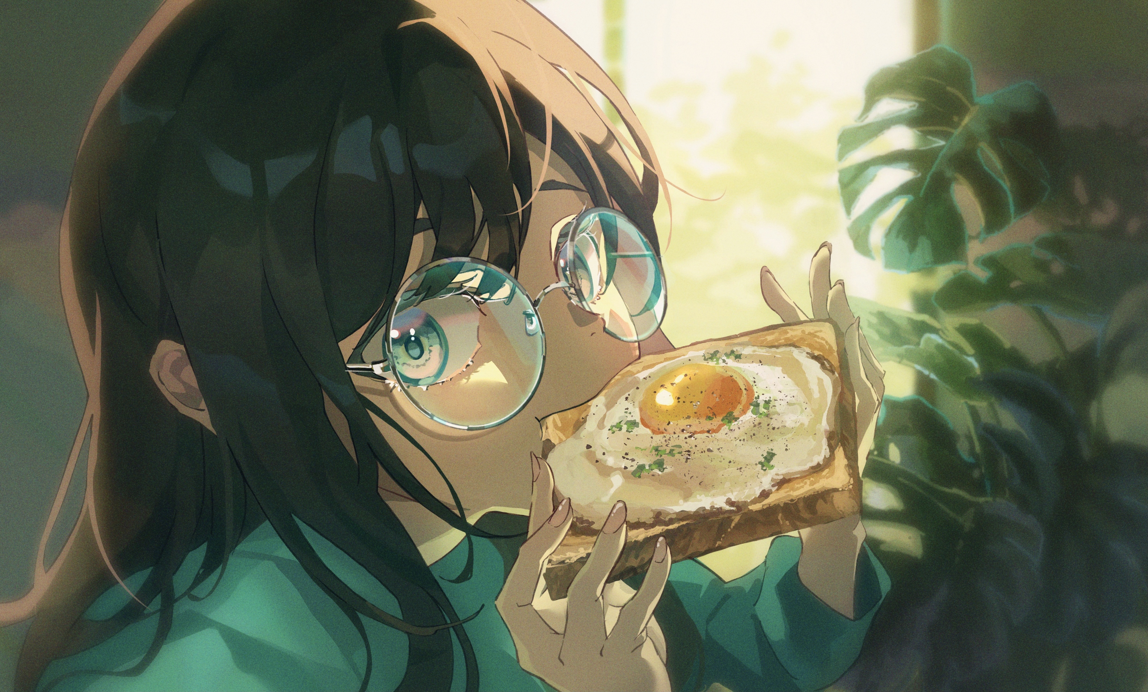 Anime Anime Girls Digital Art Artwork Pixiv Looking At Viewer 2D Anime Girls Eating Toast Eggs Leave 4008x2417