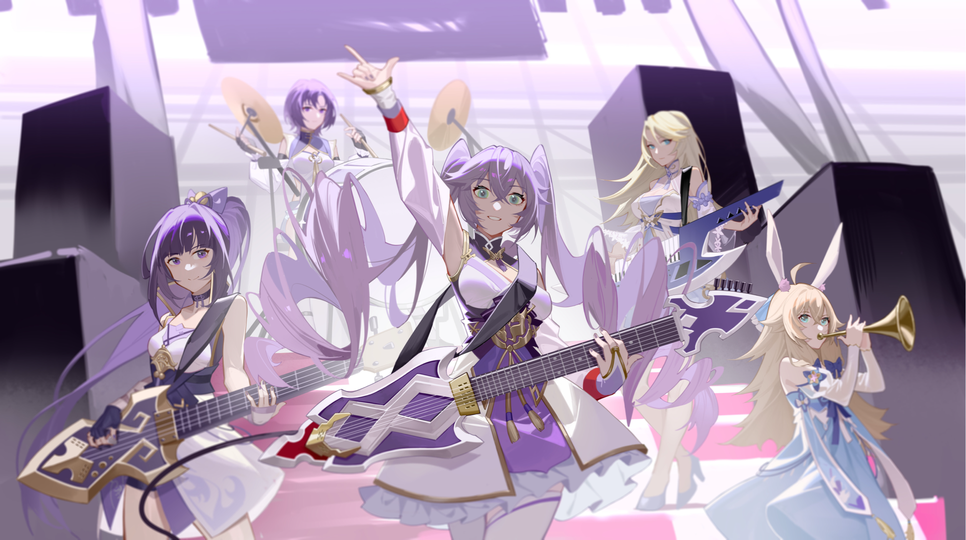 Anime Girls Twintails Guitar Musical Instrument Trumpet Drums Stages 1930x1080