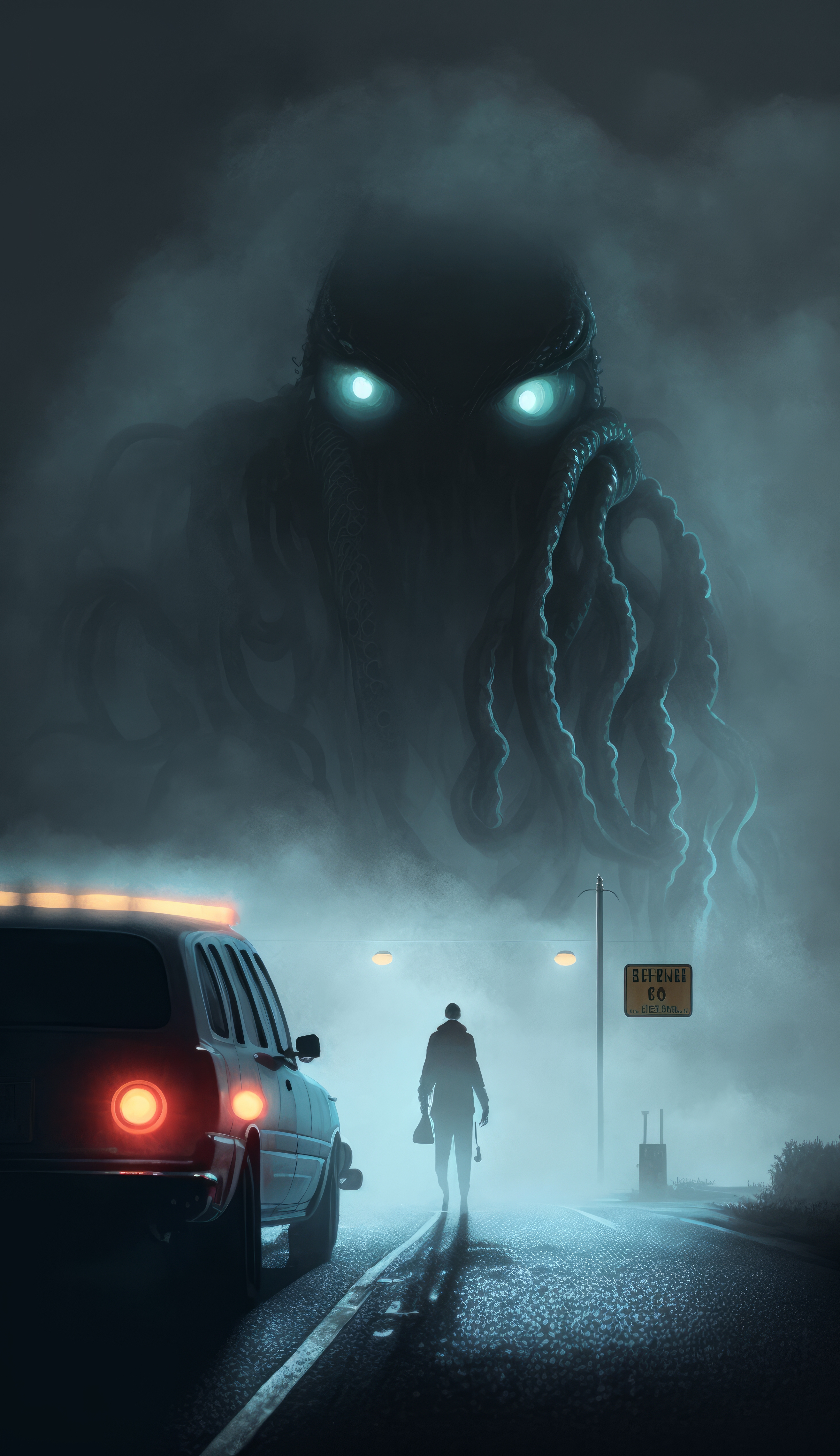 Ai Art Illustration Vertical Portrait Display Mist H P Lovecraft Horror Creature Car Taillights 2630x4559