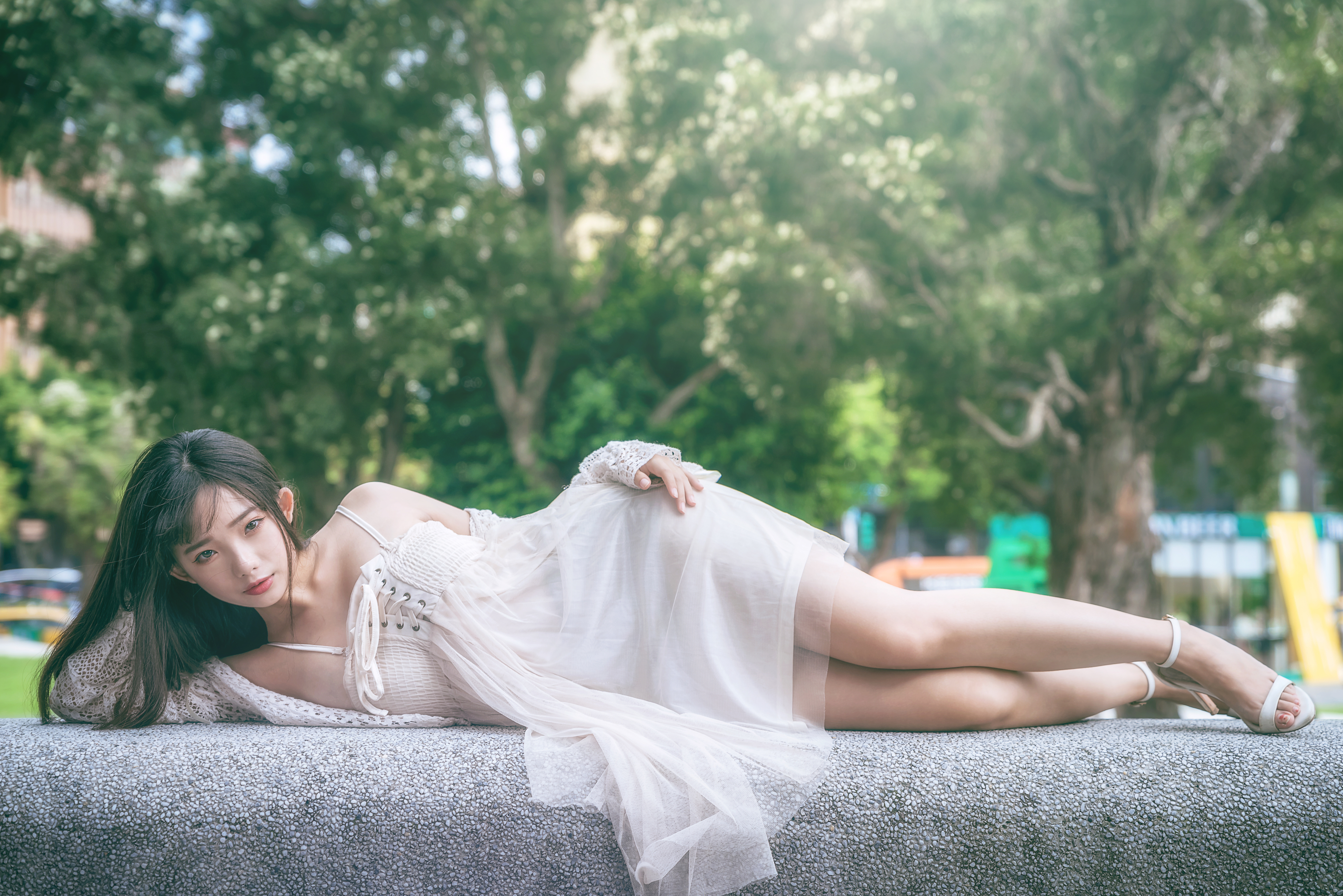 Ning Shioulin Women Model Asian Brunette Dress Lying On Side Sweater Women Outdoors Heels 3840x2563