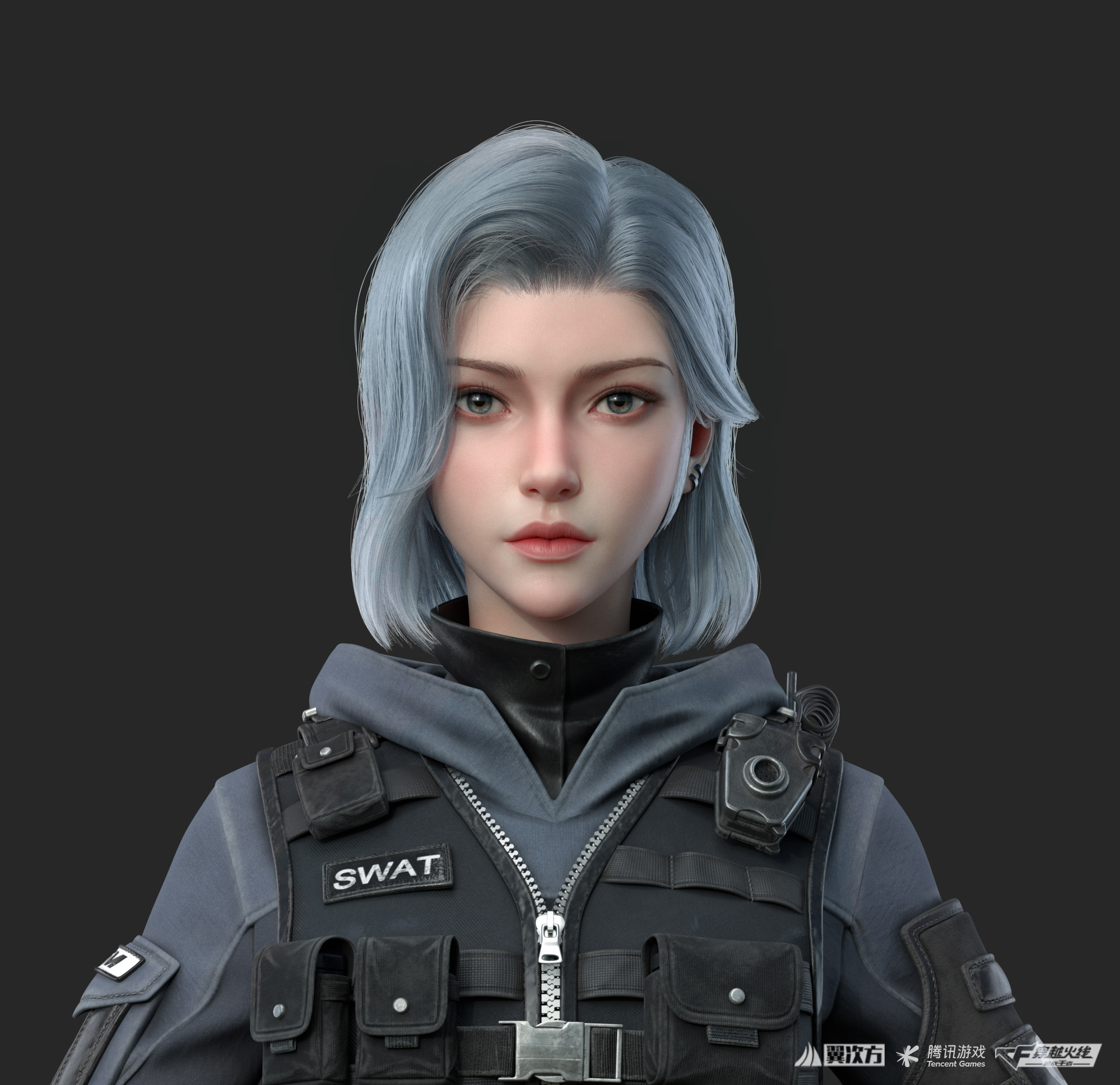 Cifangyi CGi Women Silver Hair Looking At Viewer SWAT Simple Background 3D Fantasy Girl Uniform 1999x1937