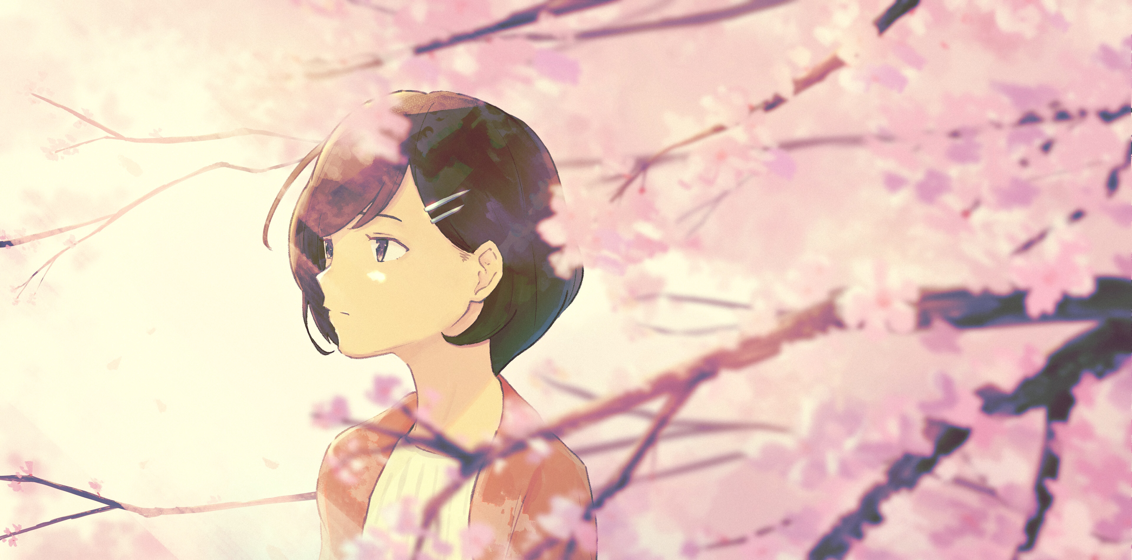 Oka Kojiro Illustration Anime Girls Women Cherry Blossom Looking At The Side Short Hair Pink Cherry  3840x1900