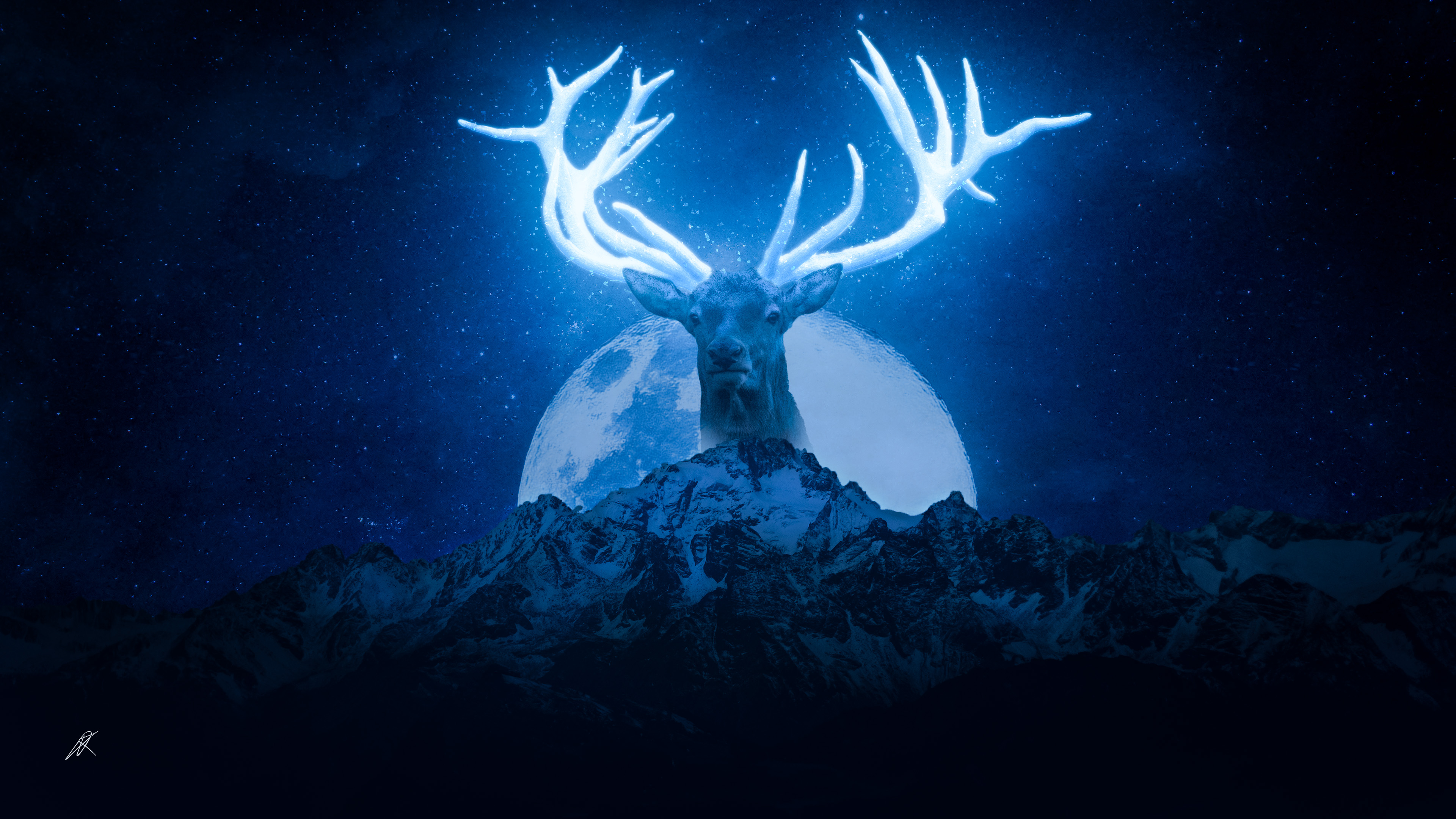 Deer Stars Digital Art Simple Background Moon Mountains Glowing Animals Minimalism Sky Signature Ant 3840x2160