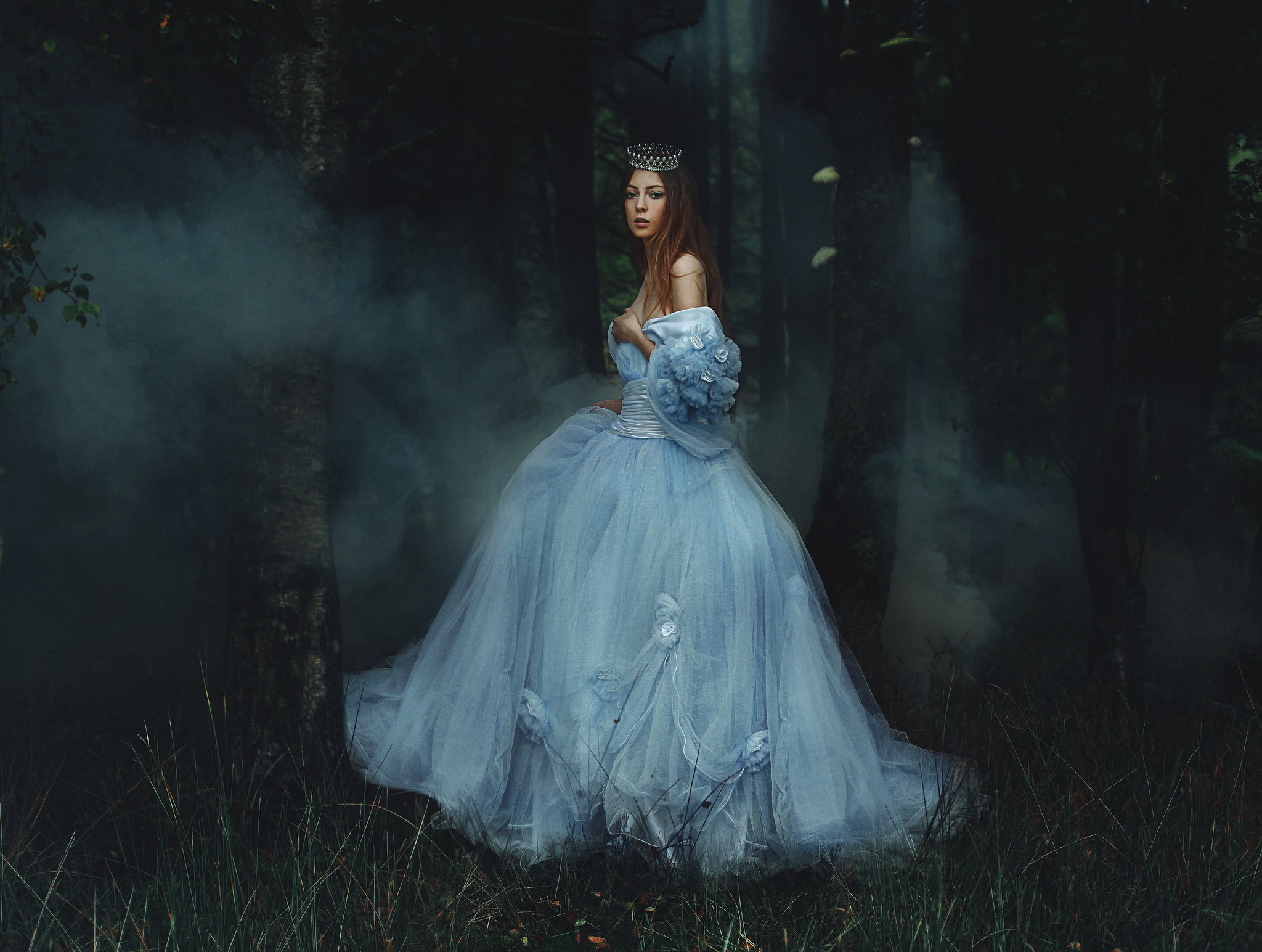 Fairy Tale Forest Fog Crown Blue Dress 2048x1544