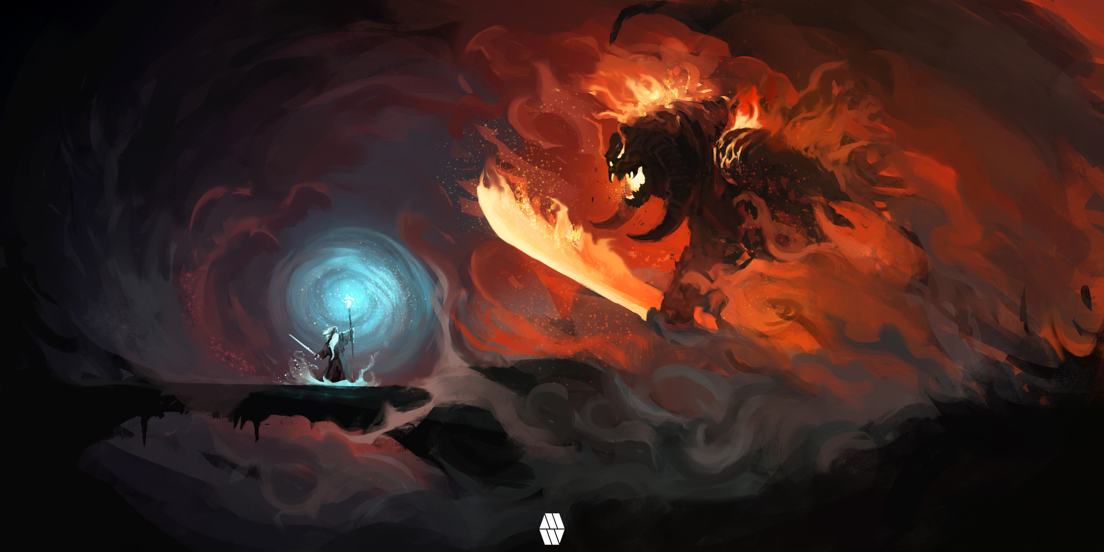 Marcus Whinney Digital Digital Art Artwork The Lord Of The Rings Fan Art Gandalf Fighting Balrog Cre 3840x1920