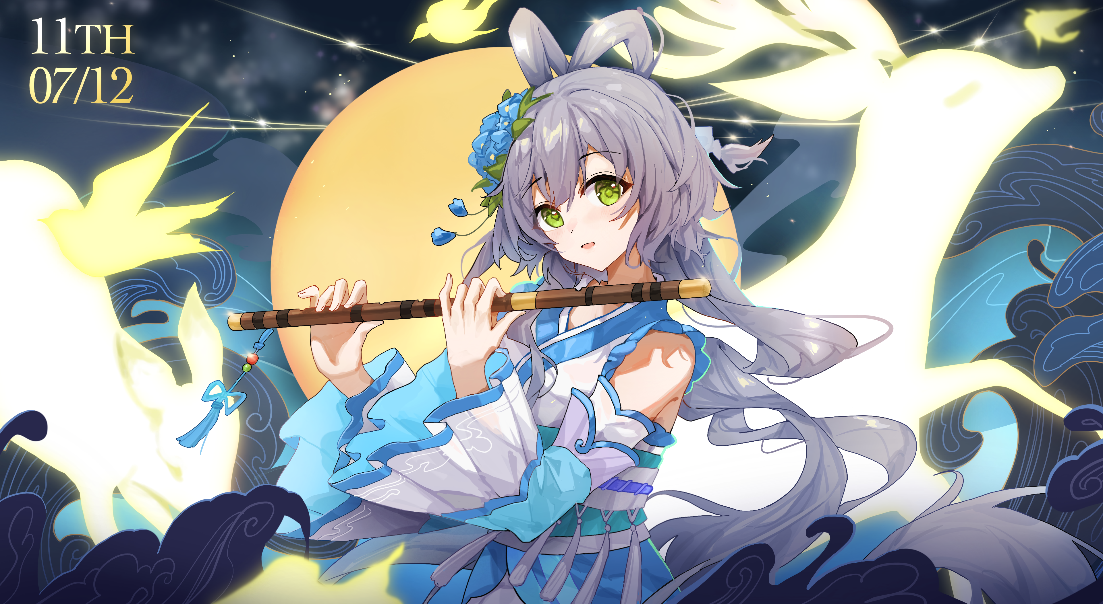 Anime Anime Girls Flute Musical Instrument Long Hair Stars Looking At Viewer Standing Green Eyes Flo 3841x2106