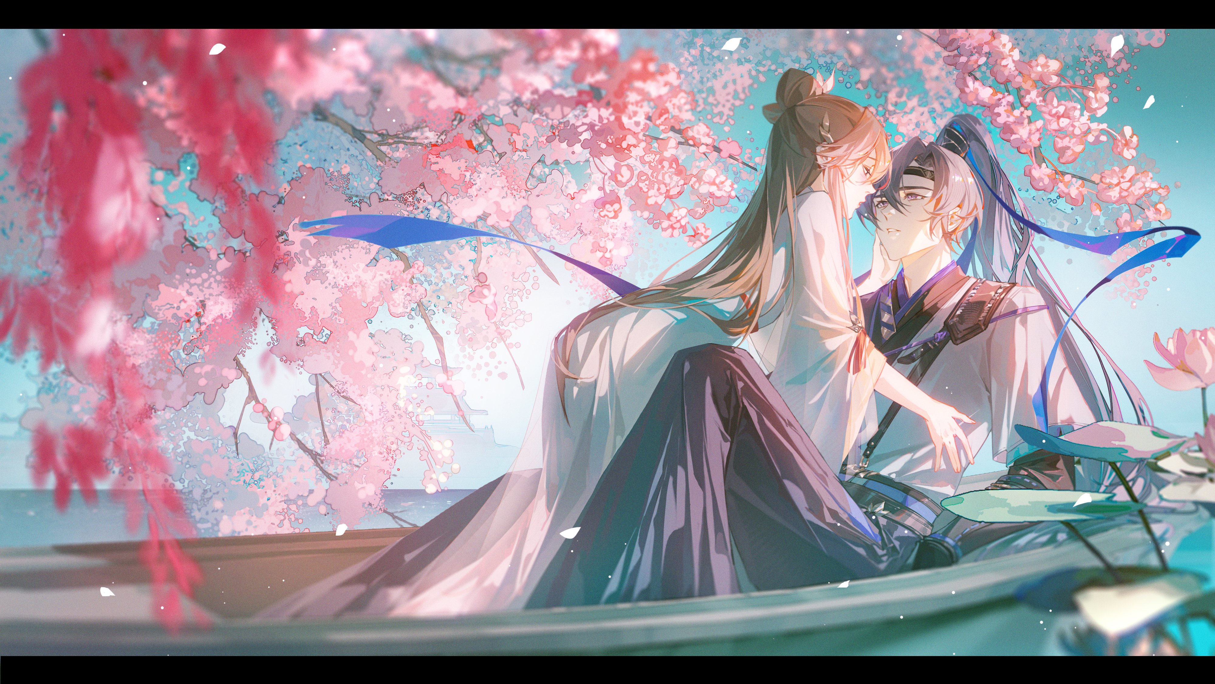 Cherry Blossom Anime Girls Anime Boys Boat Branch Flowers Long Hair Ponytail Petals Leaves Anime Cou 4000x2251