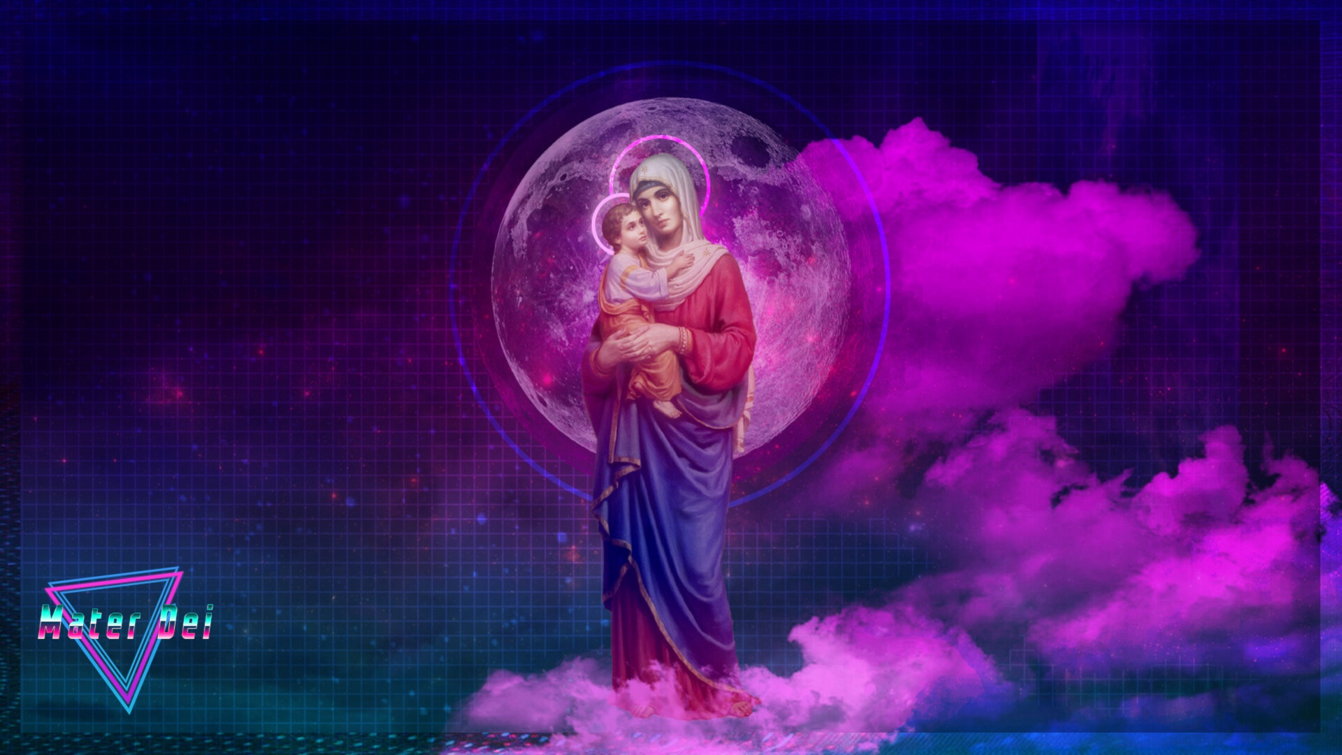 Holy Mary Mater Dei Vaporwave Moon Clouds Standing Women Hijab Looking At Viewer Simple Background M 1920x1080