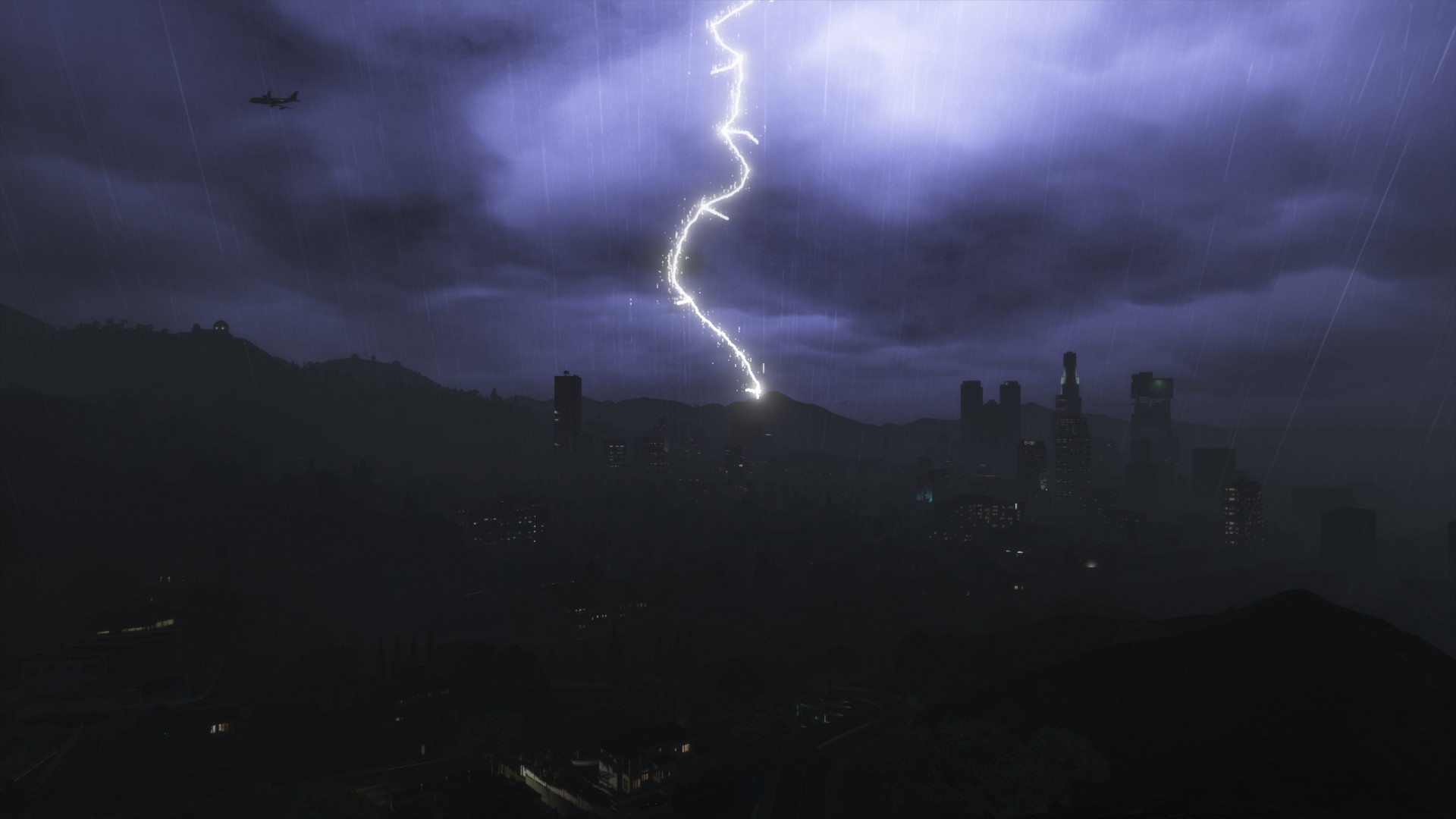 Grand Theft Auto V Thunderbolt Thunder Storm Video Games CGi Rain Night 1920x1080