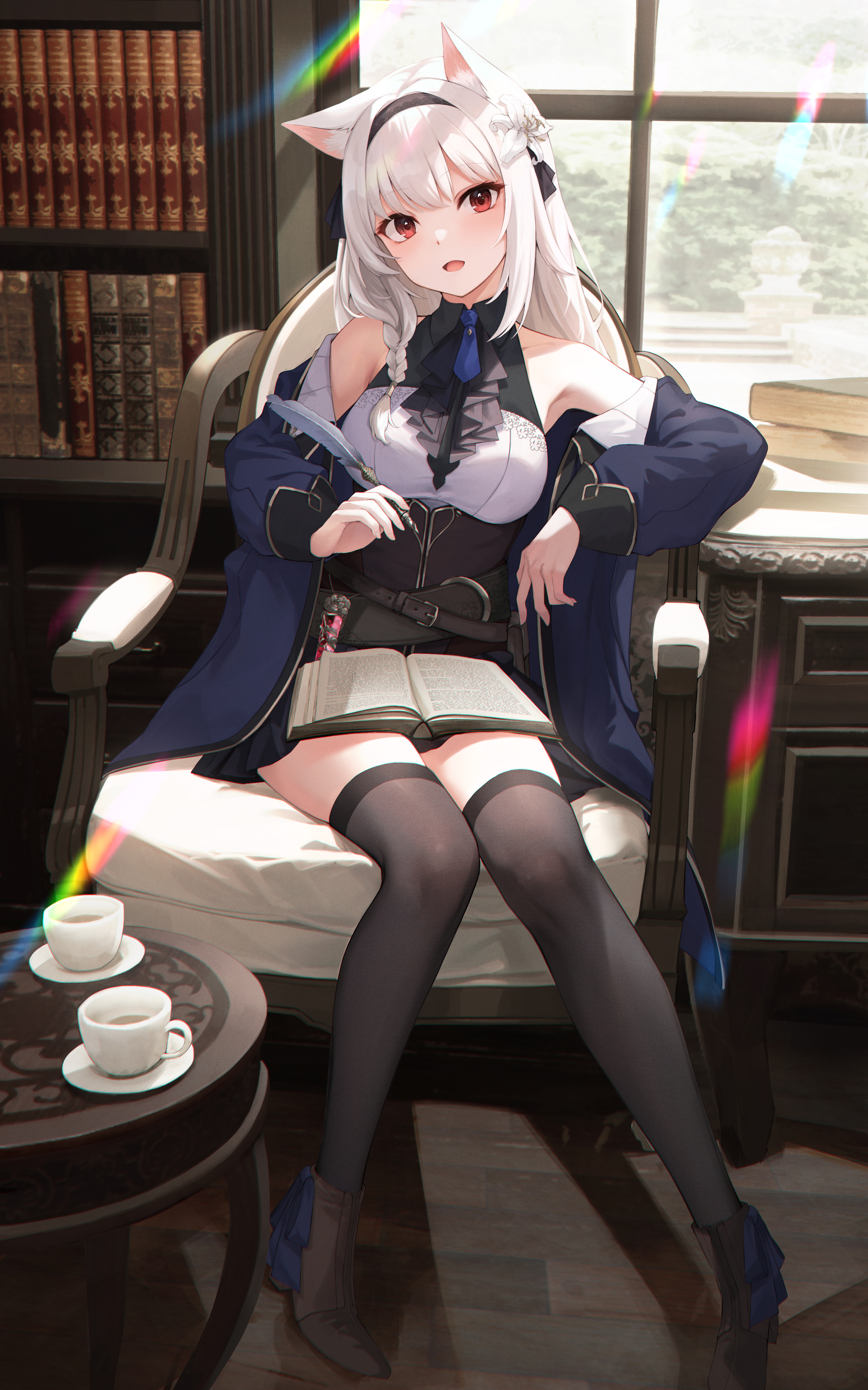 Anime Anime Girls Vertical Sitting Window Animal Ears Sunlight Looking At Viewer Books Cup 3000x4800
