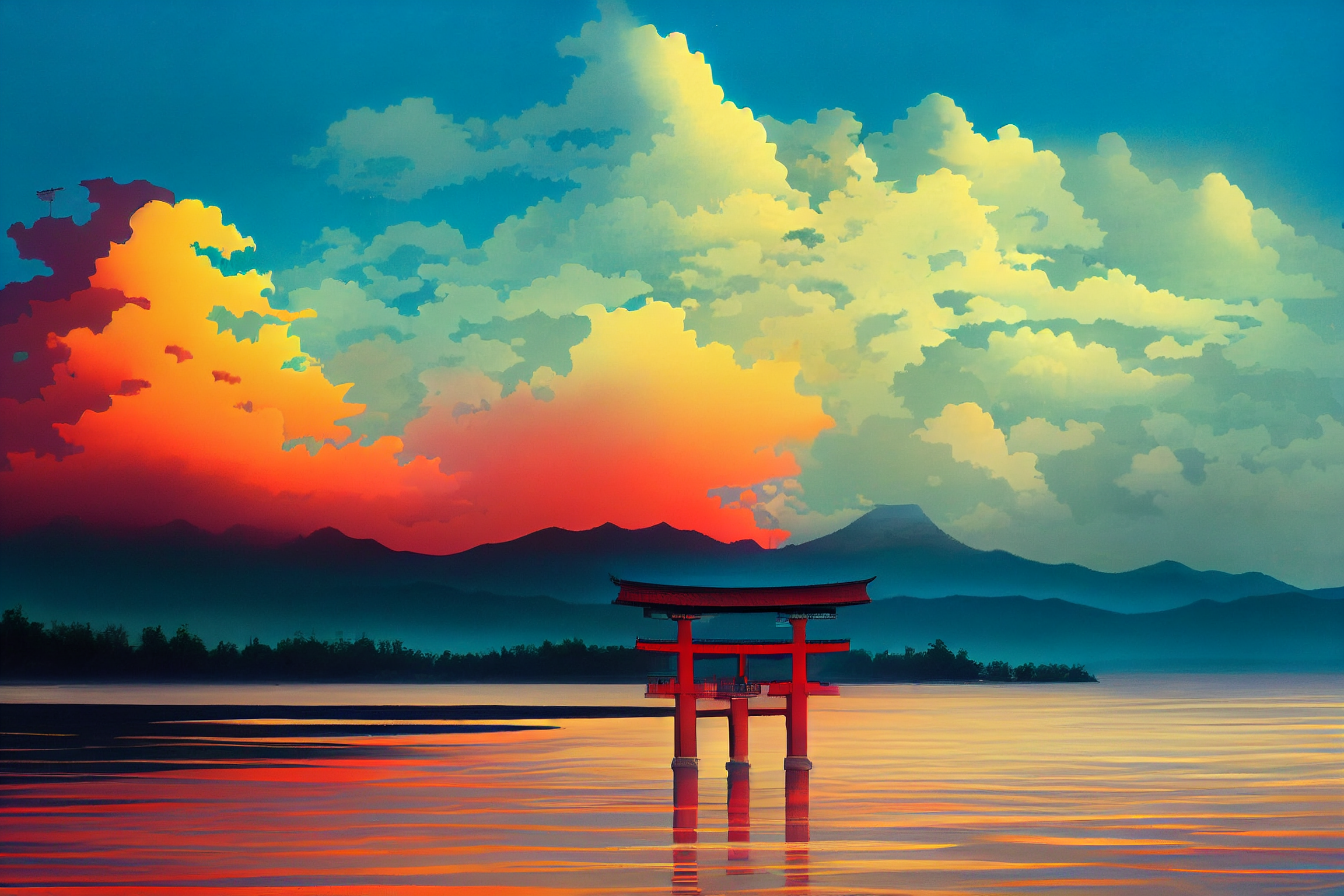 Japan Torii Sunset Water Clouds Ai Art Ai Painting Landscape 2304x1536